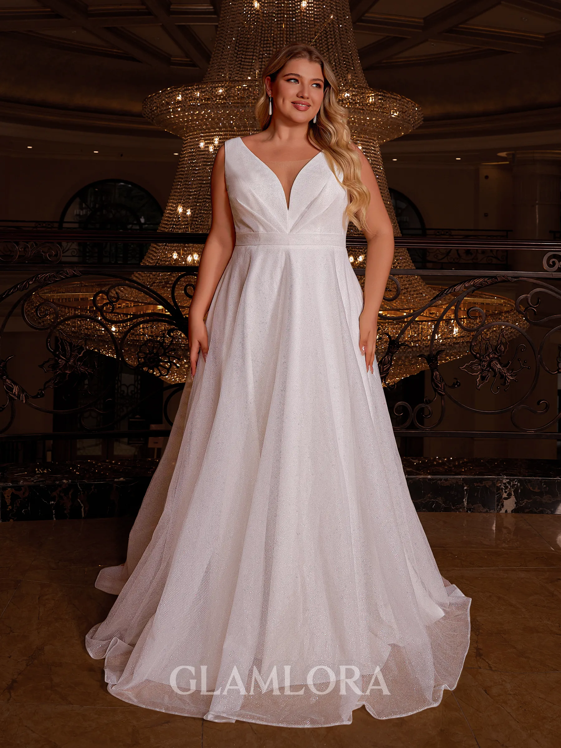 Exquisite A-line V-Neck Pleated Sweep Train Corset Plus Size Wedding Dress