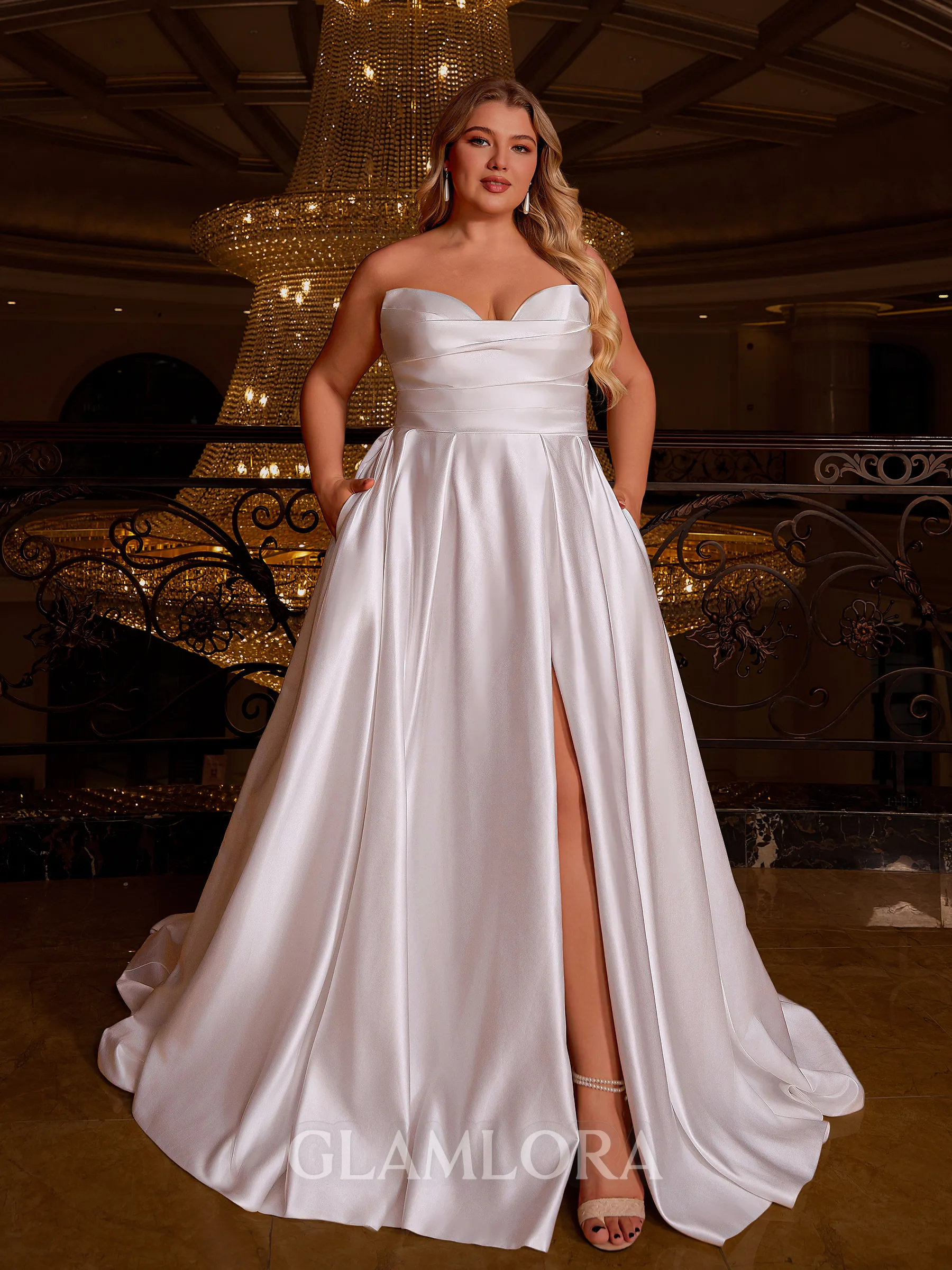 Stunning A-line Sweetheart Pleated Sweep Train Satin Corset Plus Size Wedding Dress