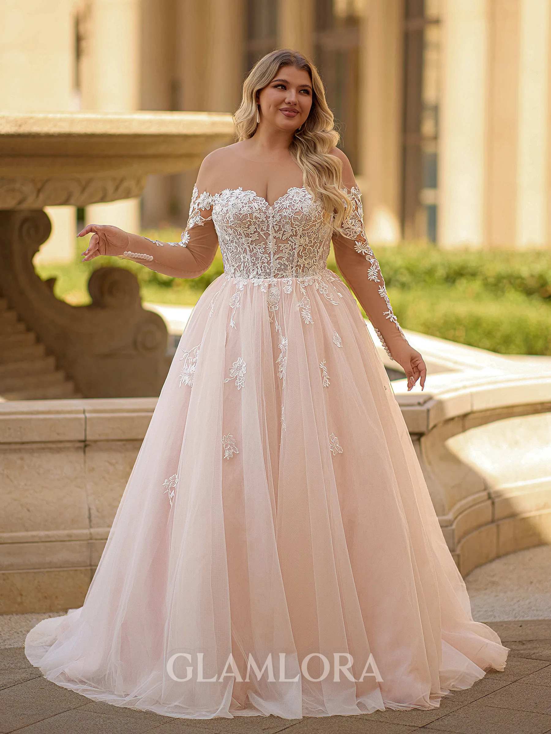 Show-stopping A-line Scoop Long Sleeves Appliques Lace Court Train Tulle Corset Plus Size Wedding Dress