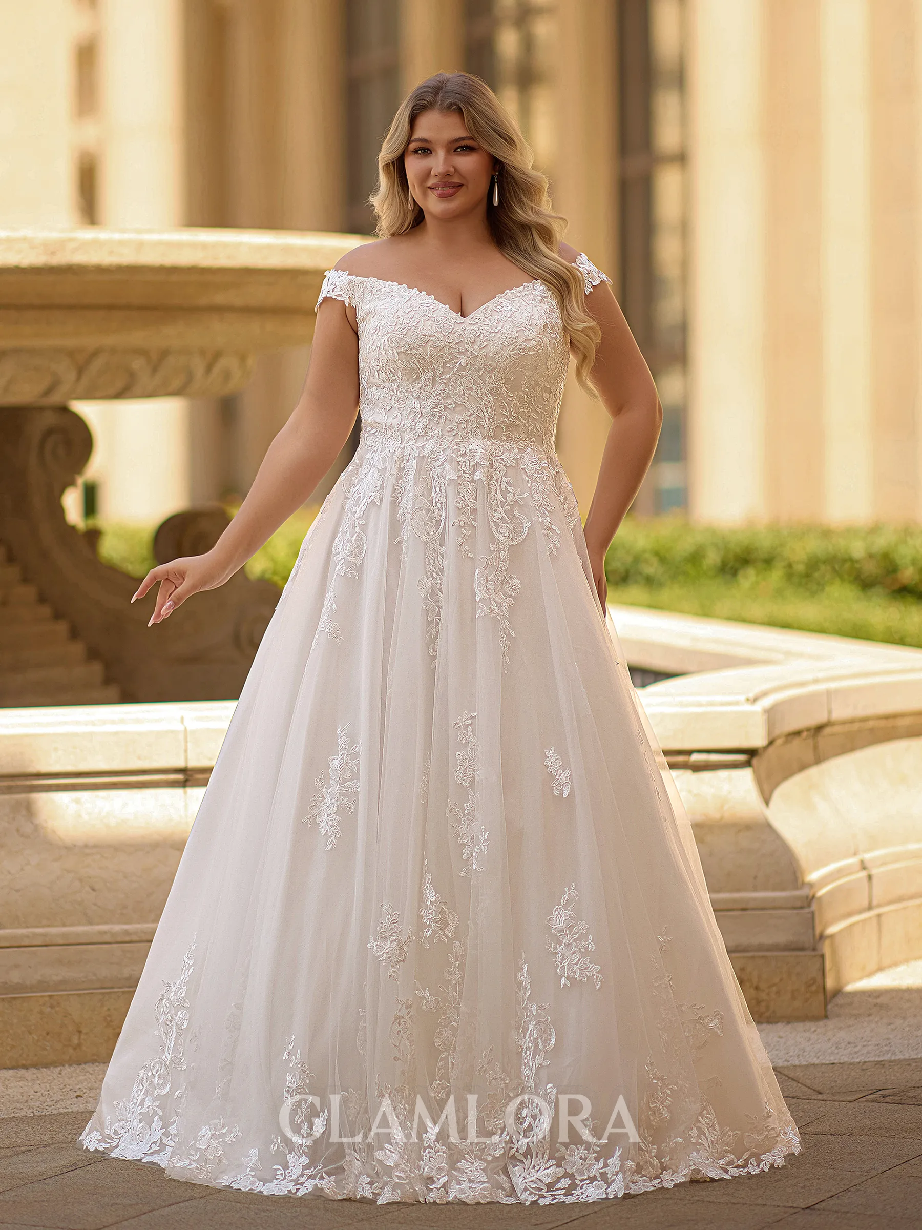 Mesmerizing A-line Off-the-Shoulder Appliques Lace Sweep Train Tulle Corset Plus Size Wedding Dress