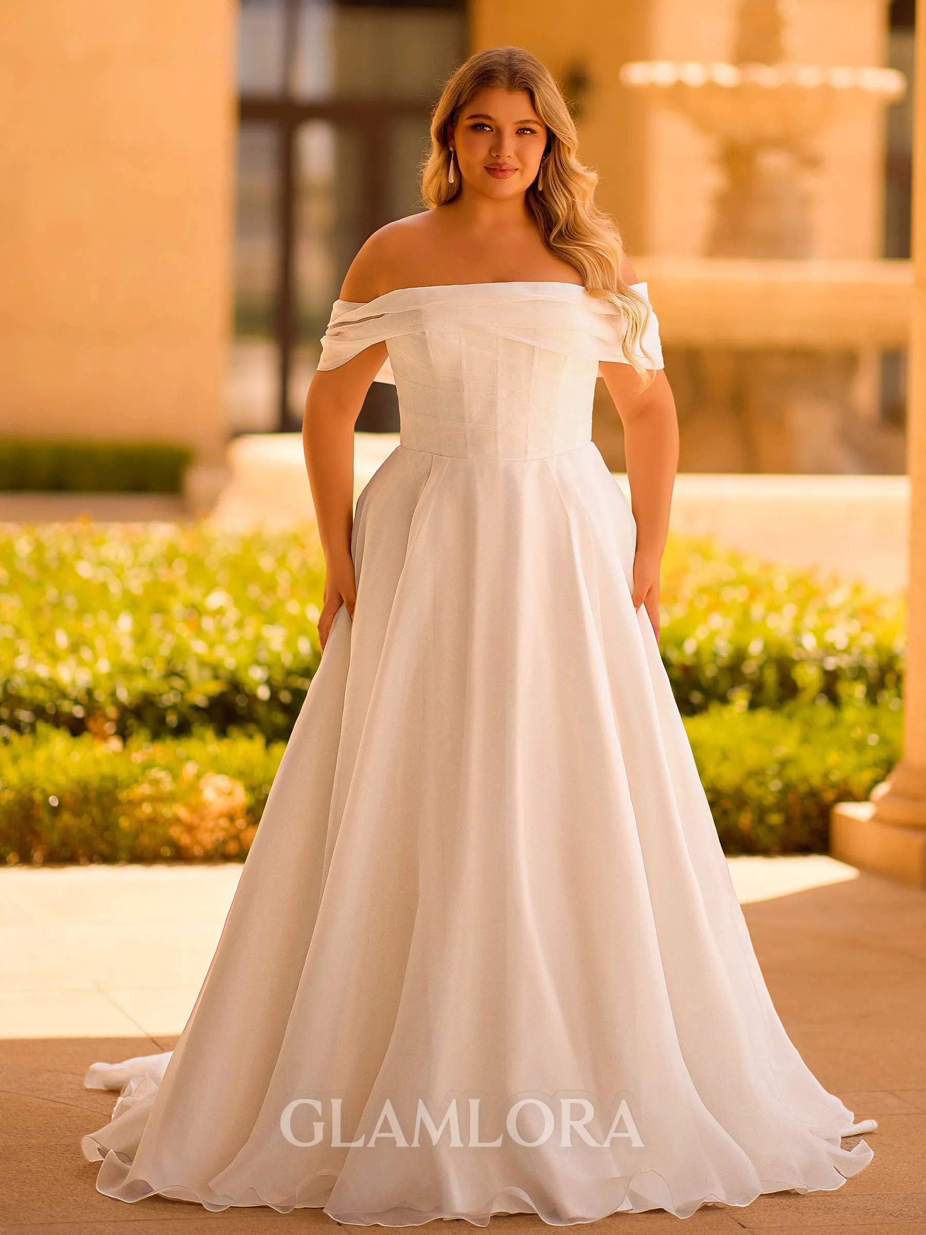 Magnificent A-line Off-the-Shoulder Pleated Sweep Train Organza Corset Plus Size Wedding Dress