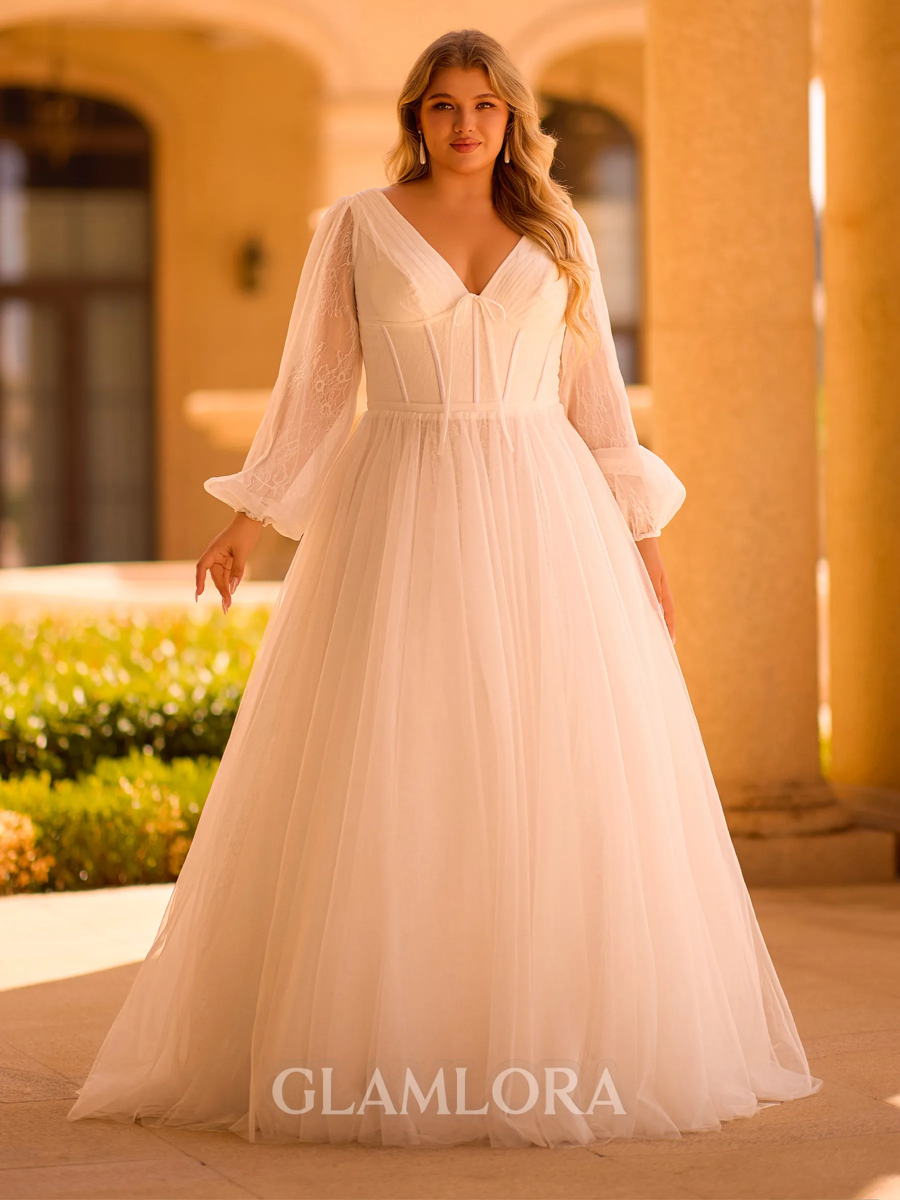 Splendiferous A-line V-Neck Long Sleeves Appliques Lace Sweep Train Tulle Corset Plus Size Wedding Dress