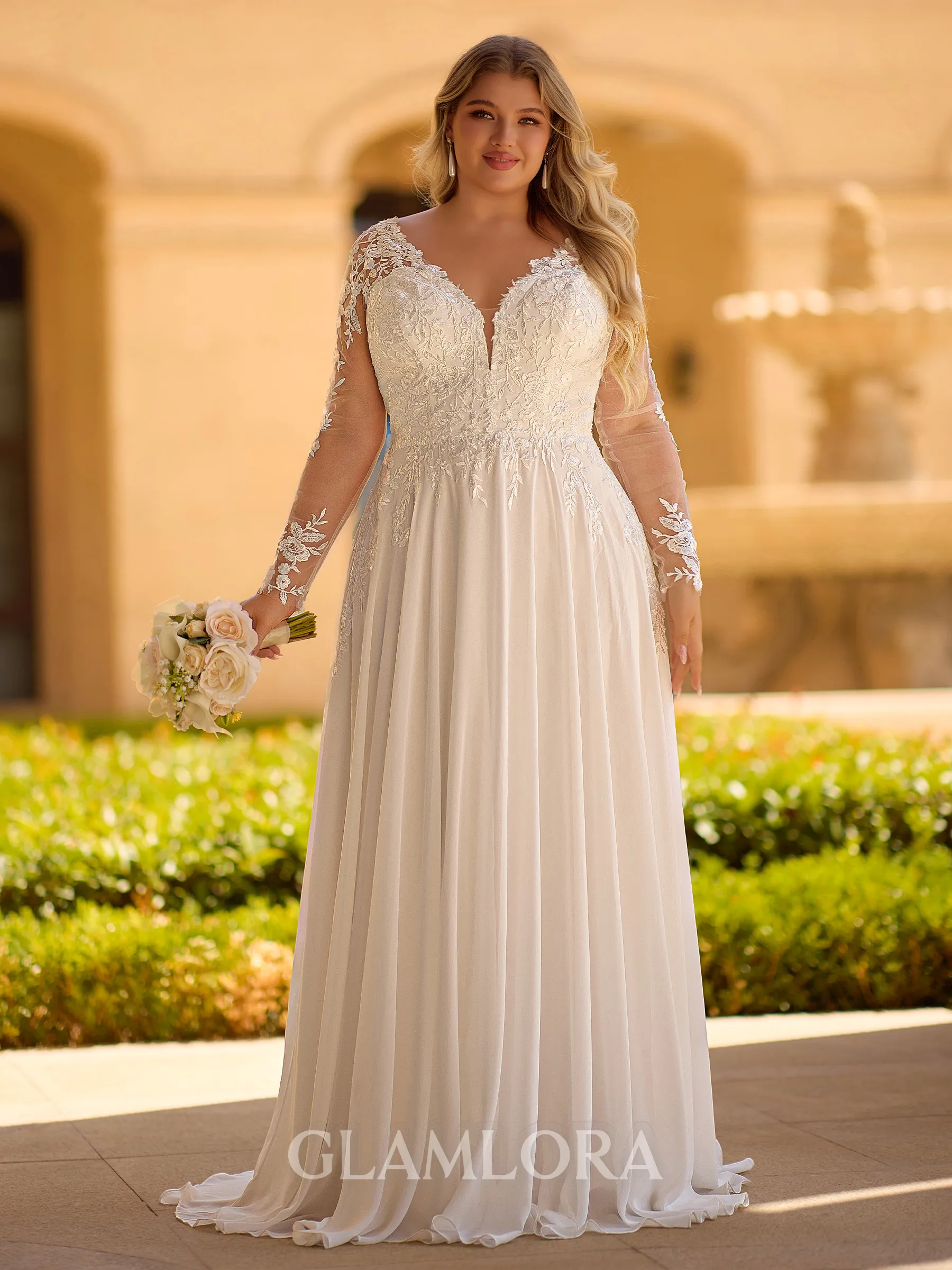 Unforgettable A-line V-Neck Long Sleeves Appliques Lace Court Train Chiffon Corset Plus Size Wedding Dress