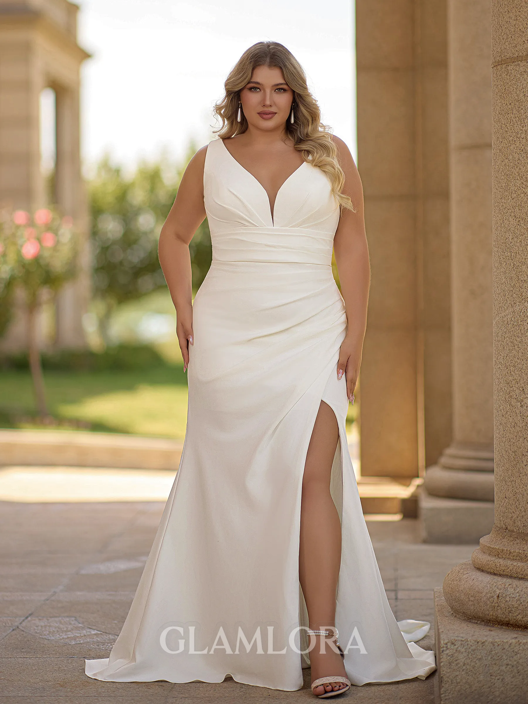 Fashion-forward Sheath V-Neck Pleated Chapel Train Stretch Crepe Plus Size Wedding Dress