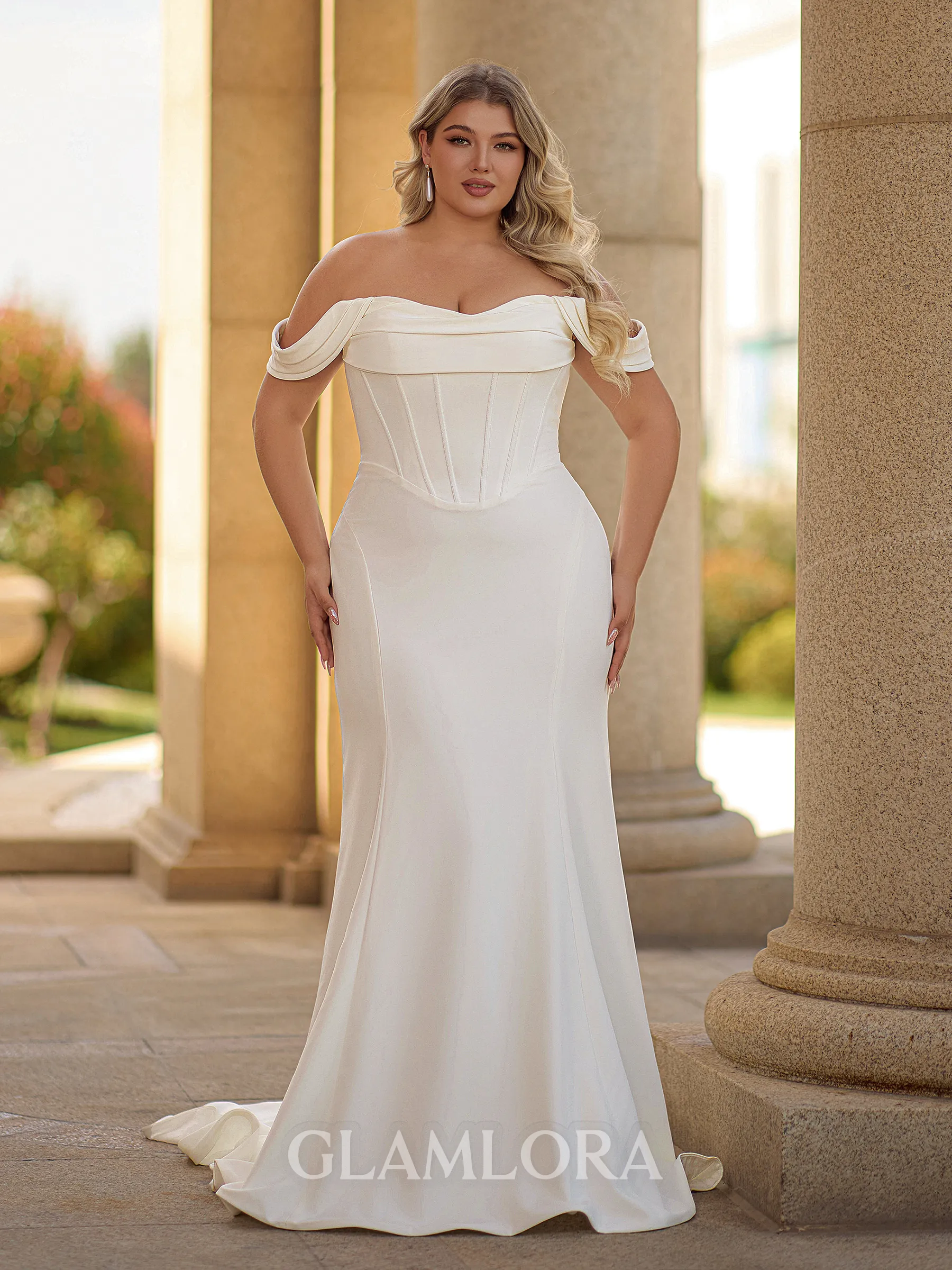 Unique Sheath Off-the-Shoulder Pleated Court Train Stretch Crepe Corset Plus Size Wedding Dress
