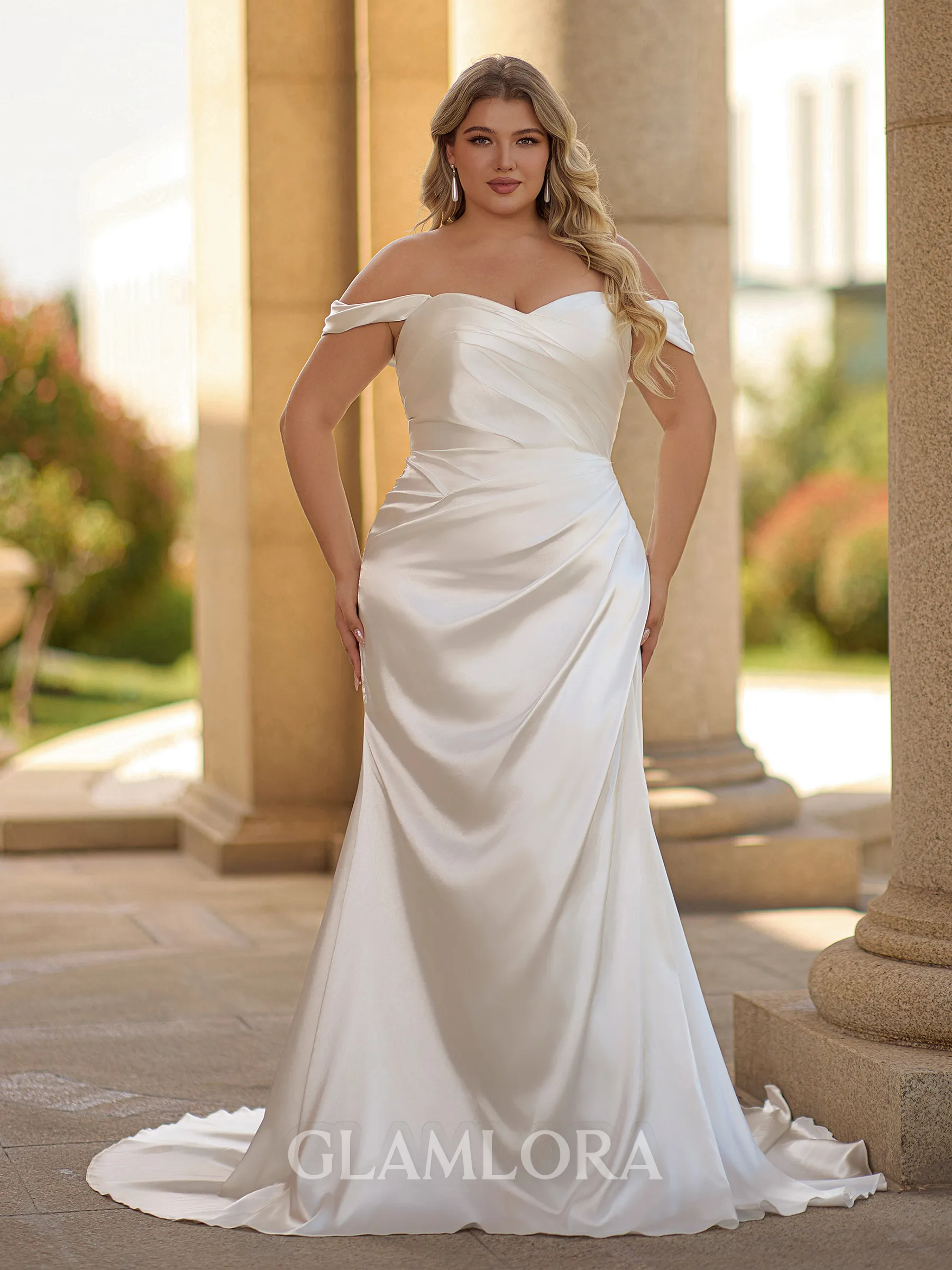 Stunning Sheath Off-the-Shoulder Pleated Court Train Silk Like Satin Corset Plus Size Wedding Dress