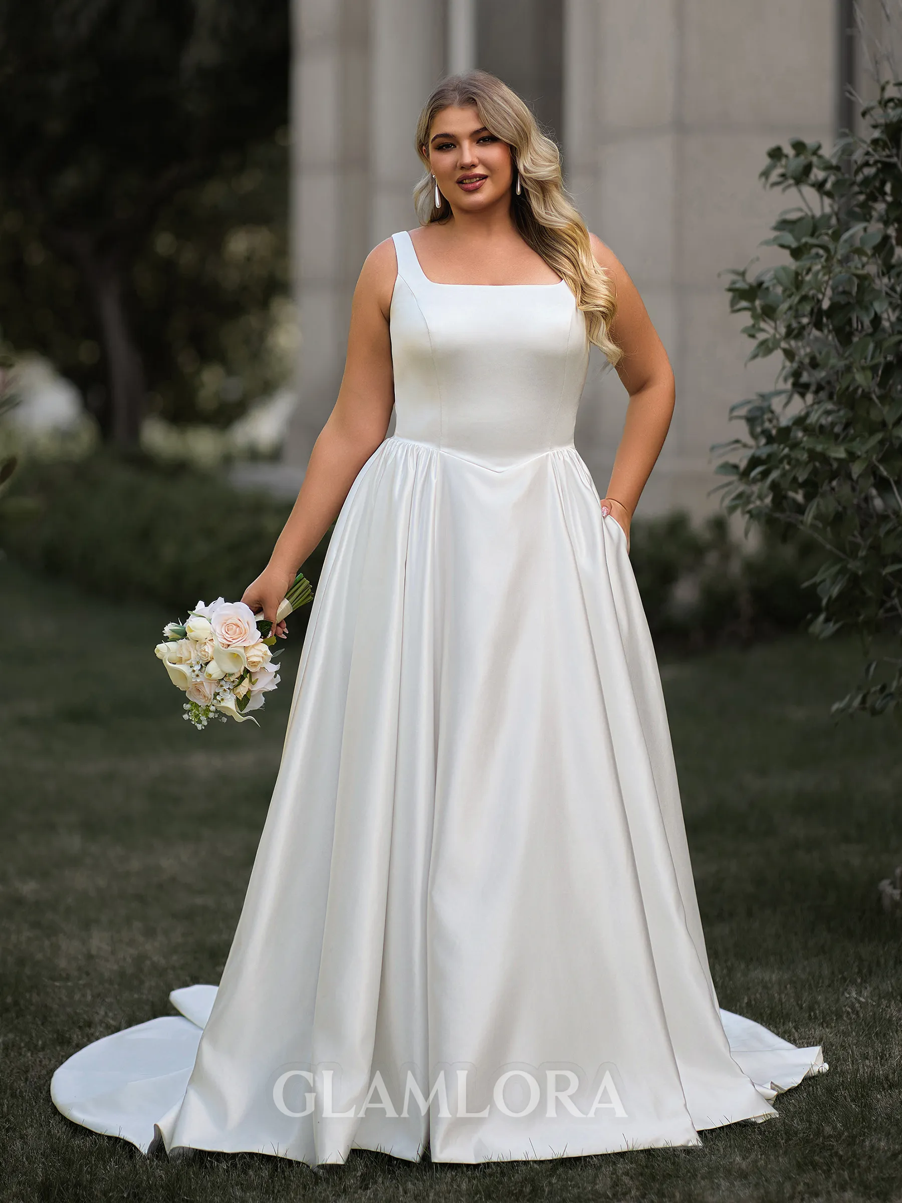 Stunning A-line Square Chapel Train Satin Plus Size Wedding Dress