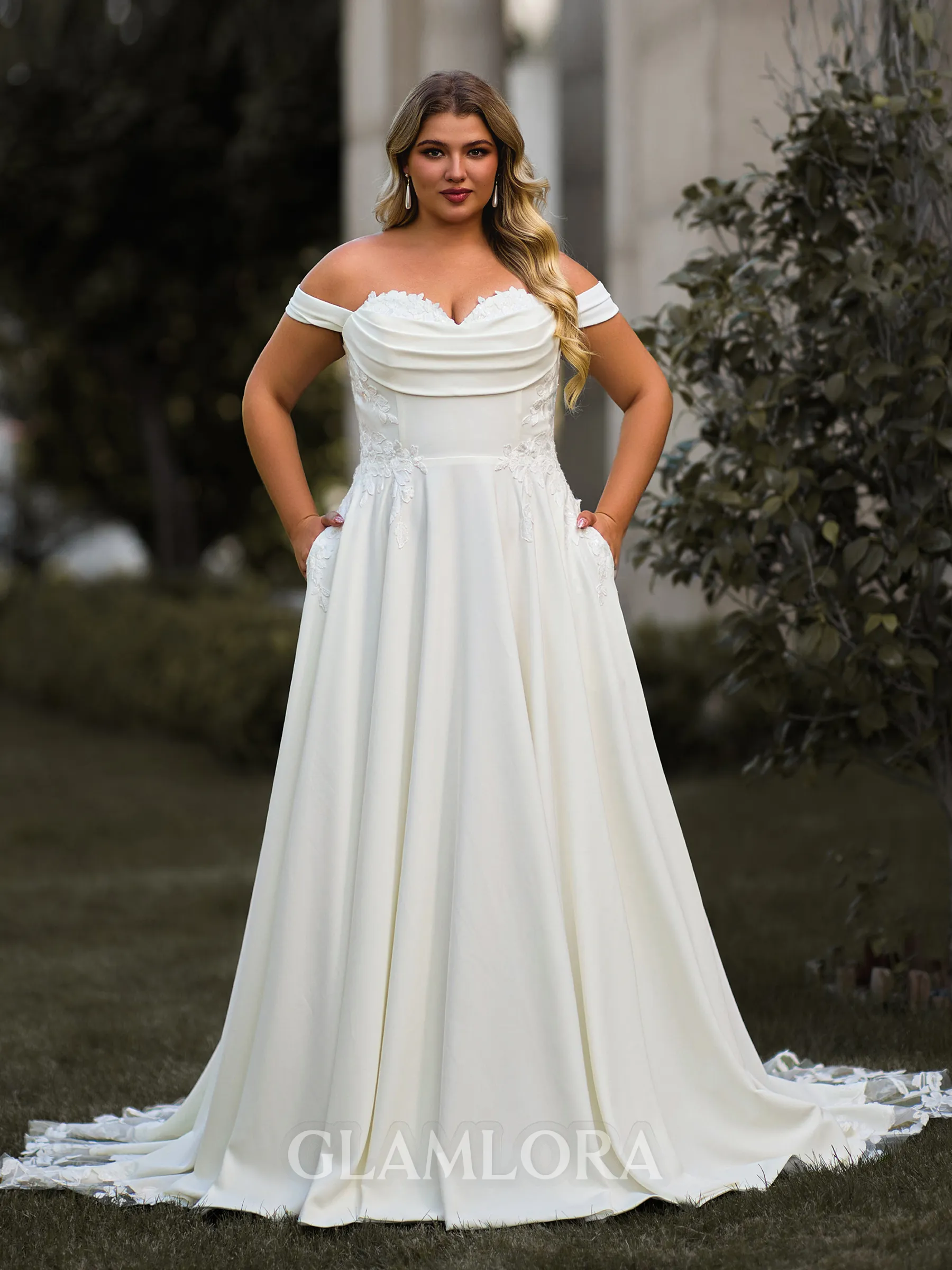 Graceful A-line Off-the-Shoulder Appliques Lace Chapel Train Stretch Crepe Plus Size Wedding Dress