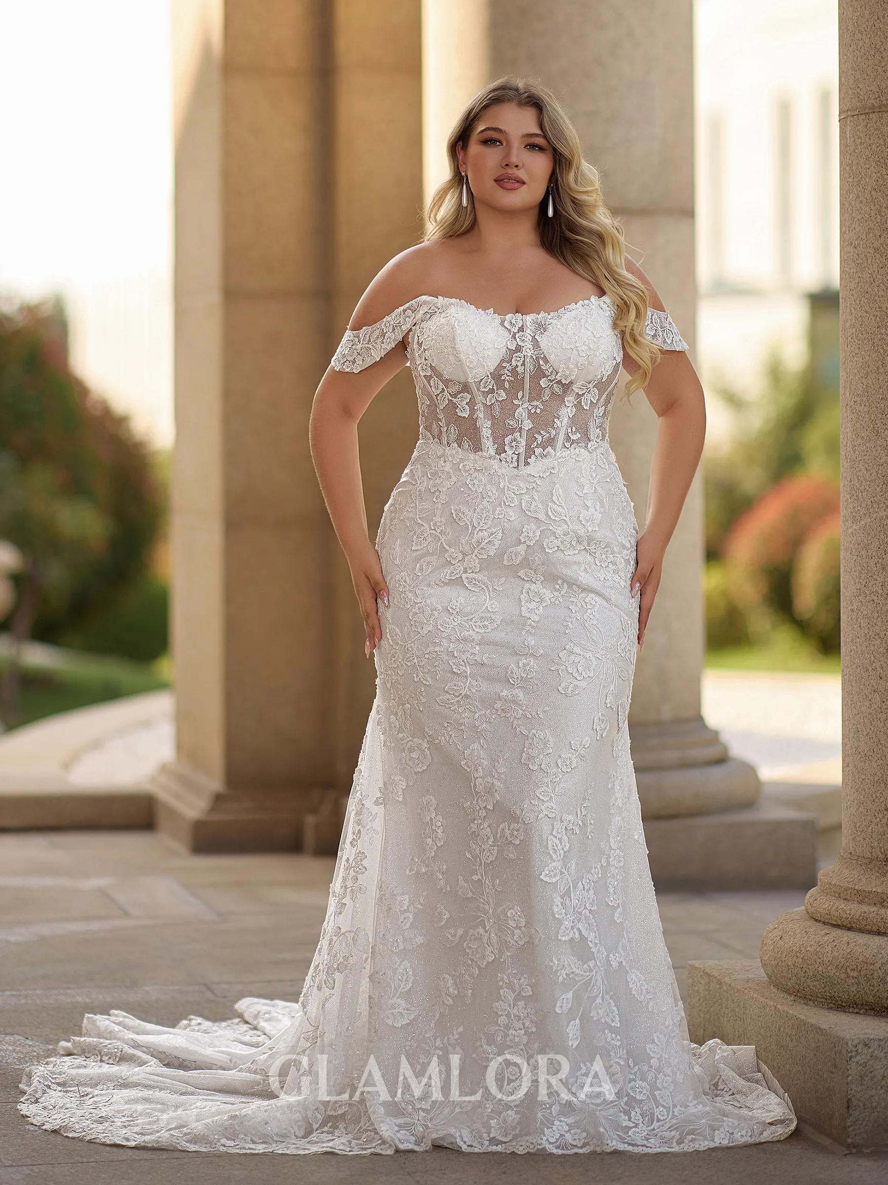 Grand Sheath Off-the-Shoulder Appliques Lace Chapel Train Lace Corset Plus Size Wedding Dress