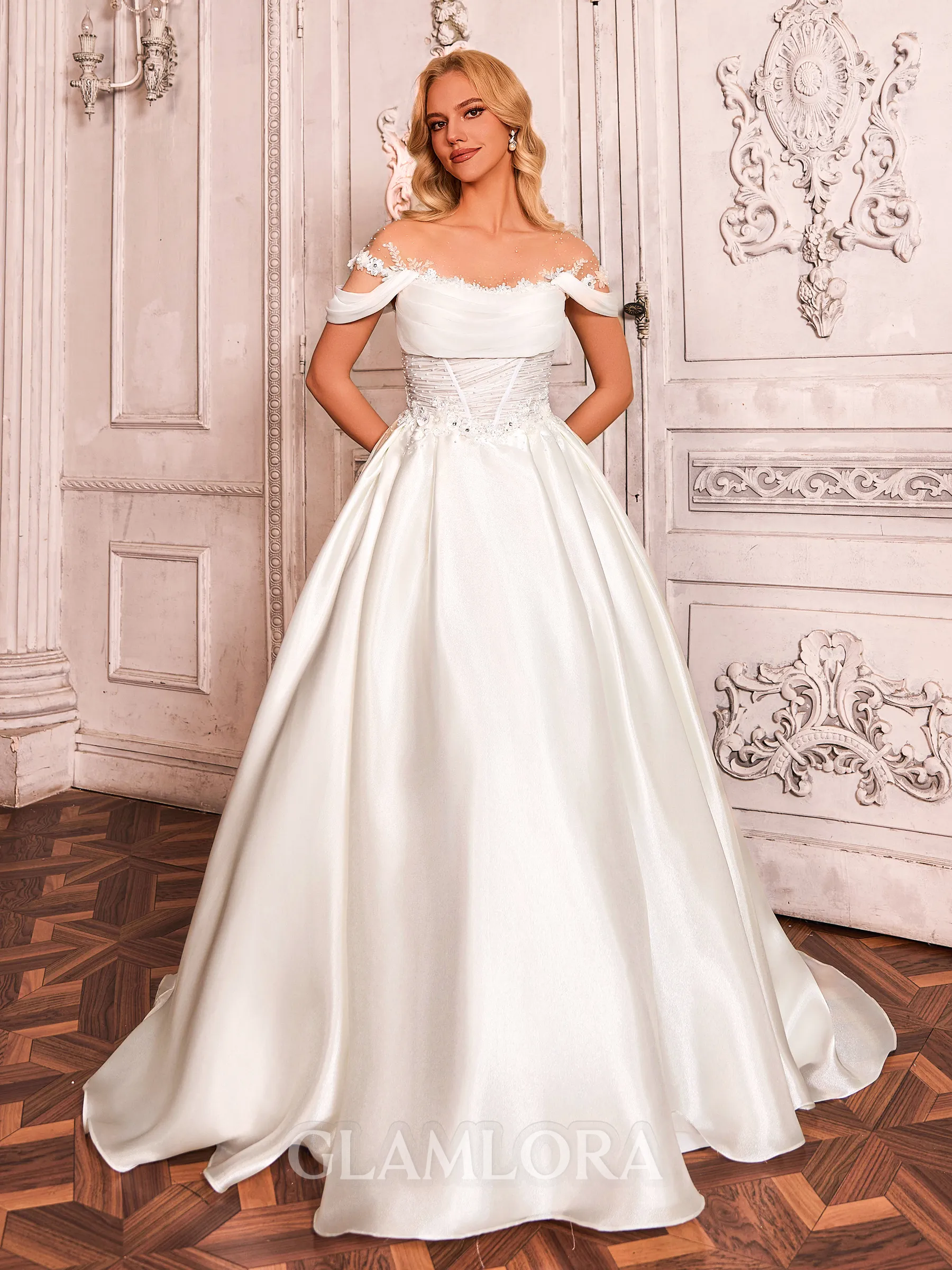 Perfect Ball-Gown Scoop Short Sleeves Appliques Lace Sweep Train Corset Wedding Dress