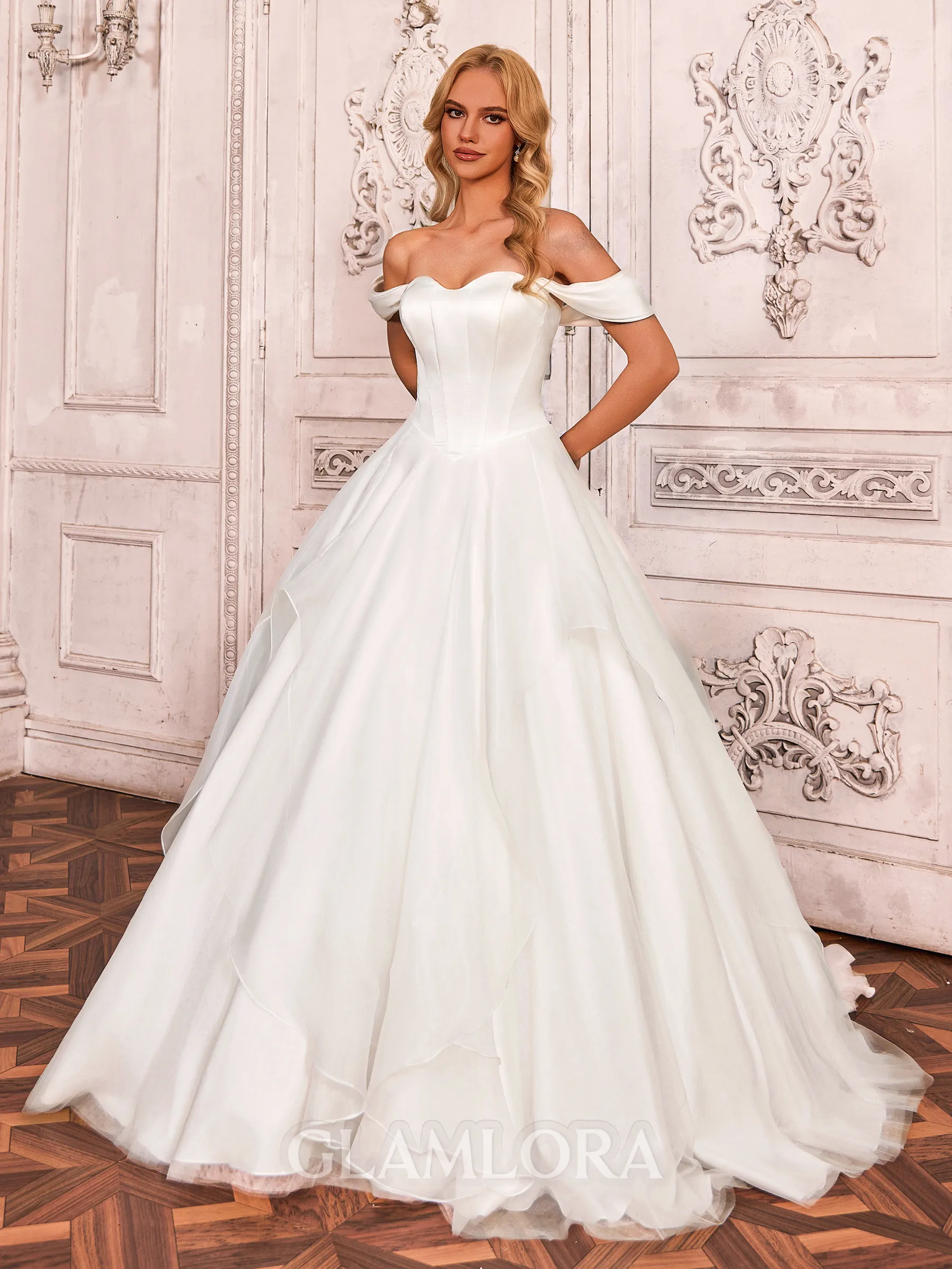 Trendy Ball-Gown Off-the-Shoulder Ruffles Court Train Satin Corset Wedding Dress