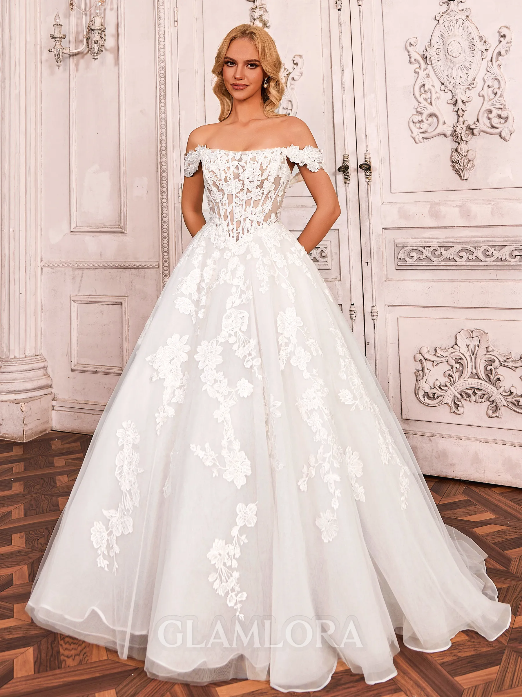 Fashion Ball-Gown Off-the-Shoulder Appliques Lace Court Train Tulle Corset Wedding Dress