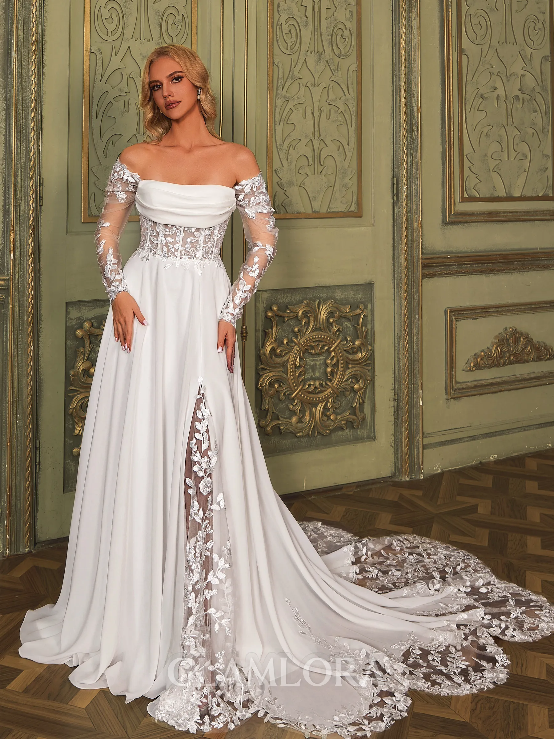 Elegant A-line Off-the-Shoulder Long Sleeves Appliques Lace Chapel Train Chiffon Corset Wedding Dress