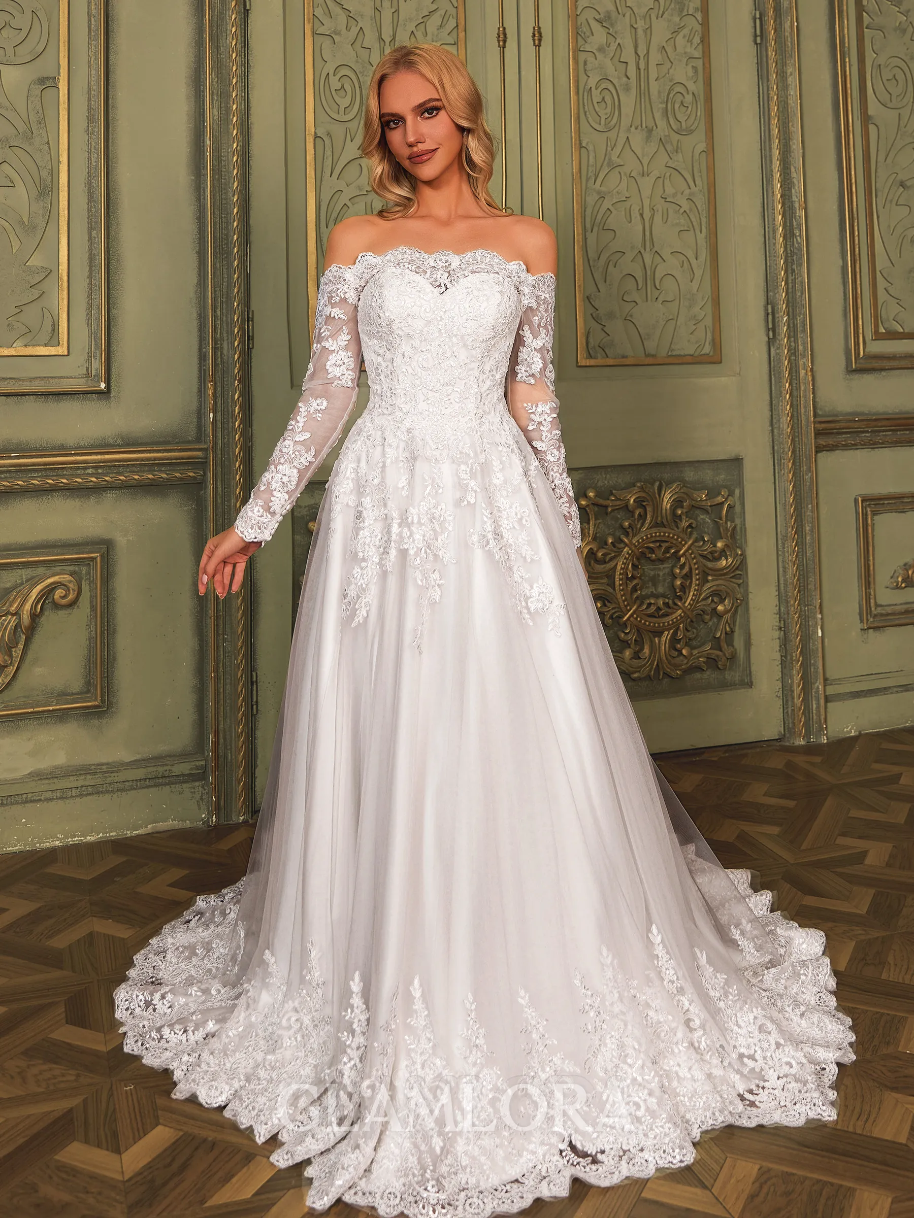 Exquisite A-line Off-the-Shoulder Long Sleeves Appliques Lace Chapel Train Tulle Corset Wedding Dress