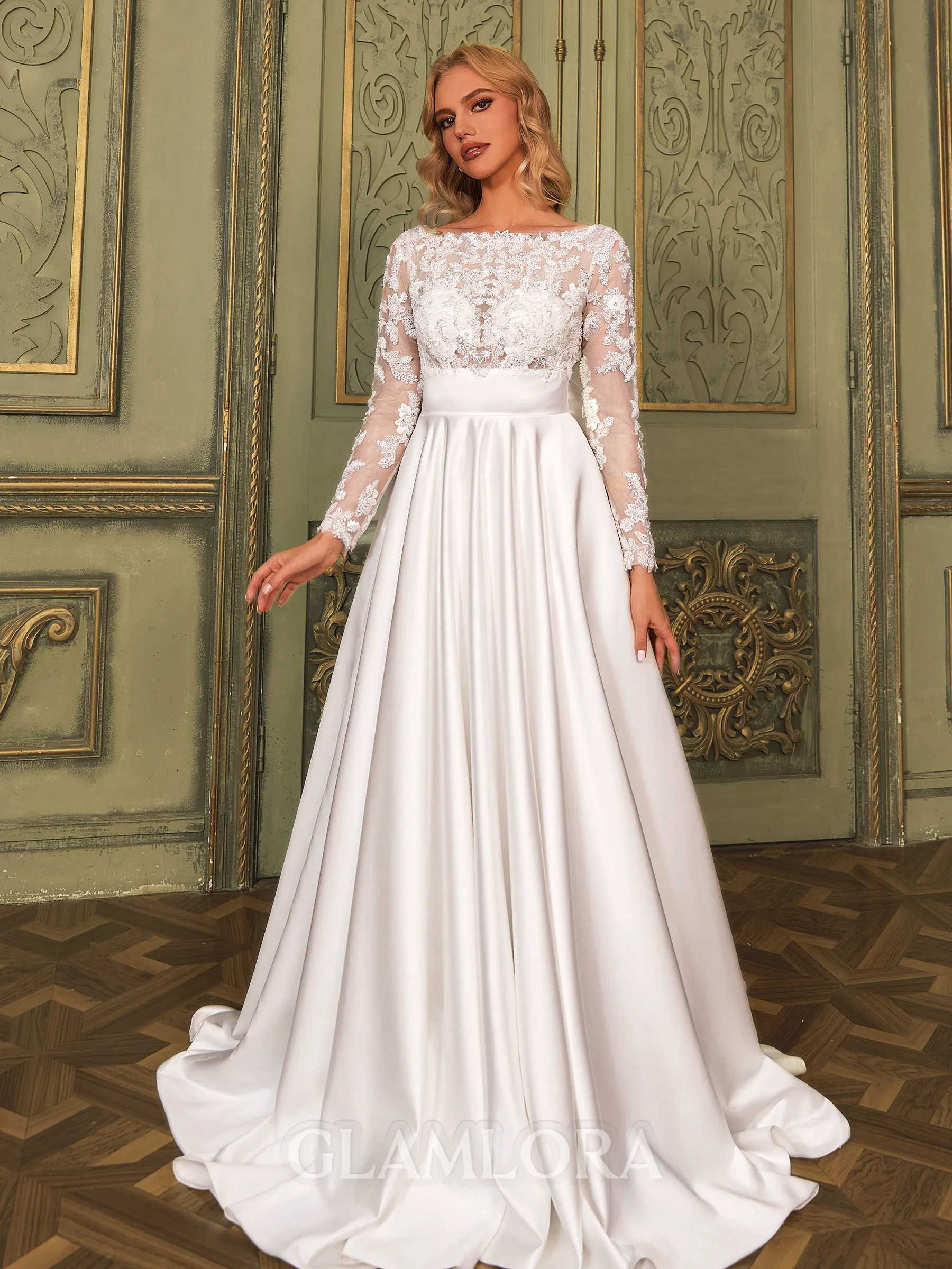 Enchanting A-line Scoop Long Sleeves Bow Court Train Satin Wedding Dress