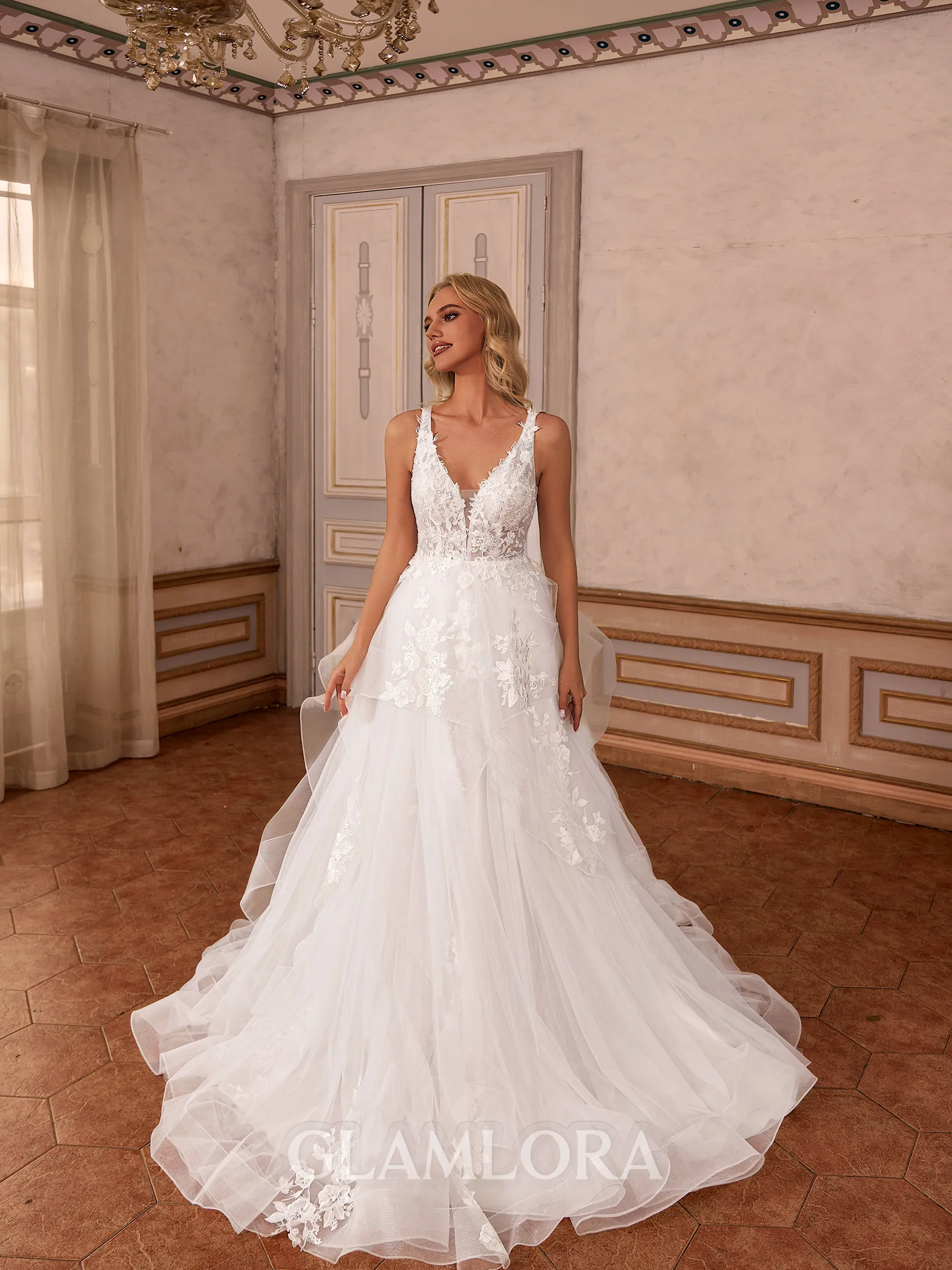 Striking A-line V-Neck Appliques Lace Sweep Train Tulle Wedding Dress