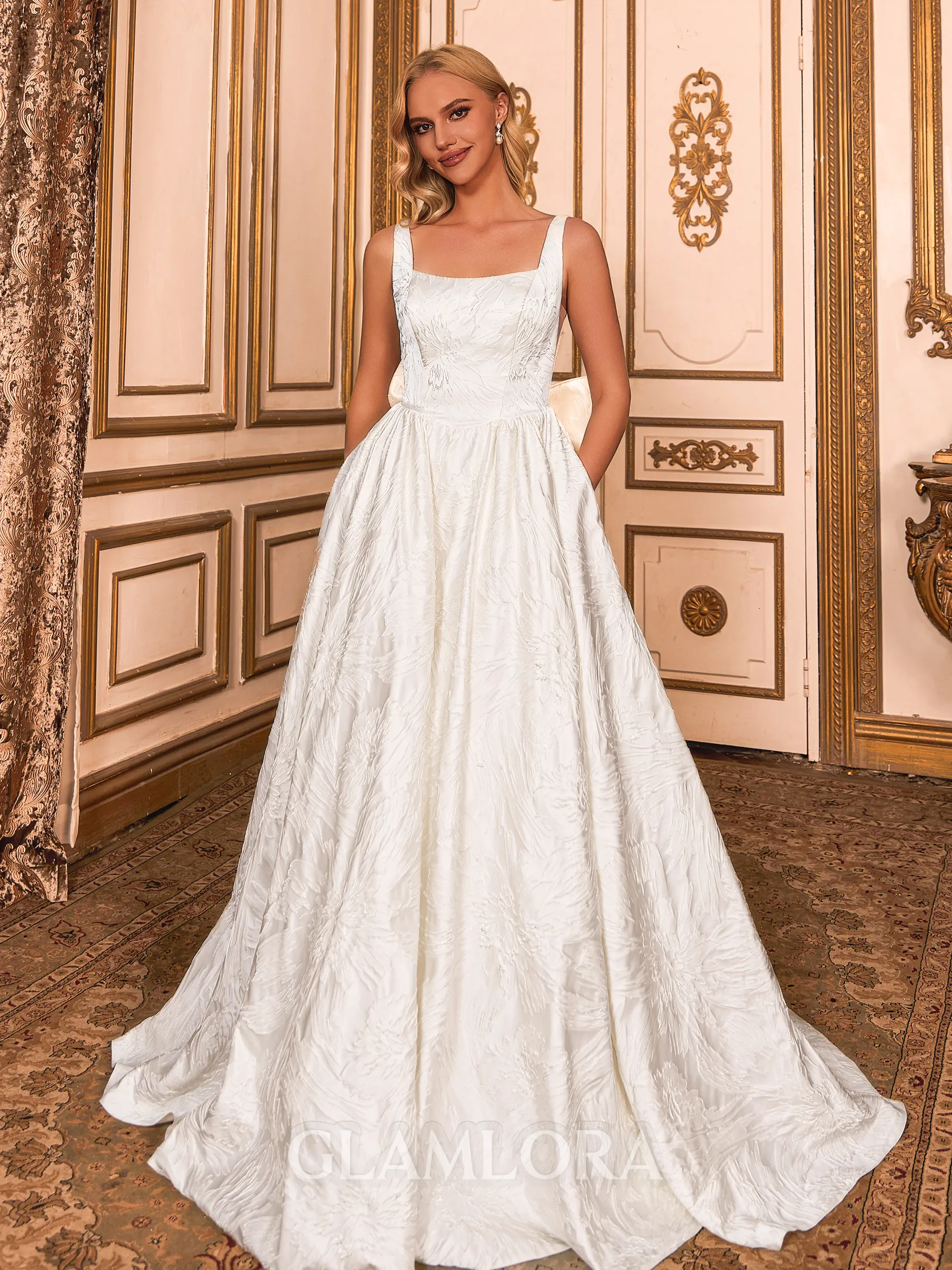 Breathtaking A-line Square Bow Court Train Wedding Dress