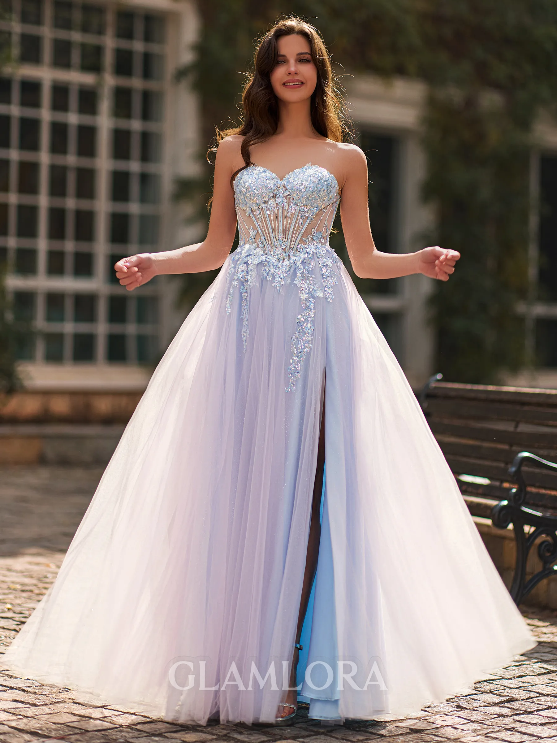 Perfect A-Line Sweetheart Appliques Lace Floor-Length Tulle Corset Prom Dress