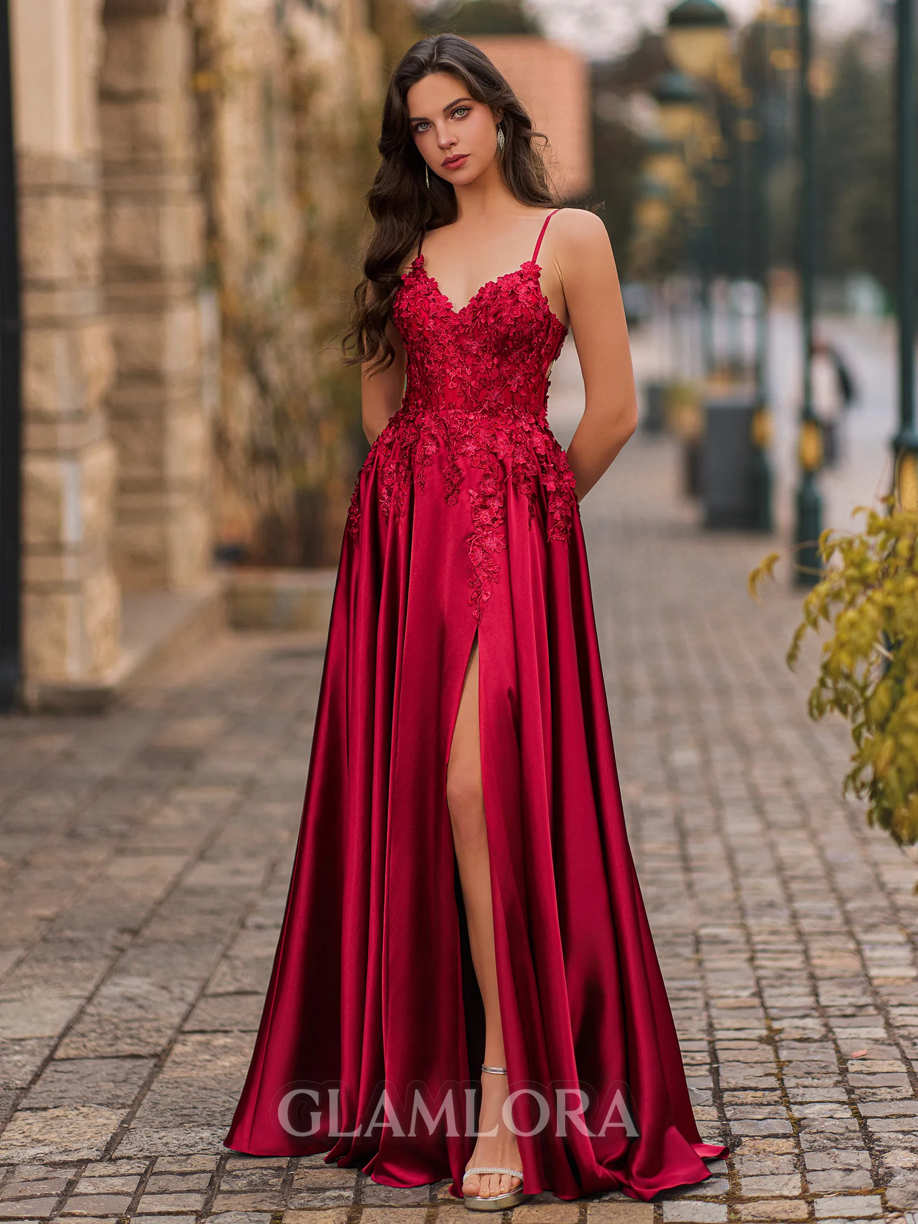 Fashion A-Line V-Neck Appliques Lace Floor-Length Silk Like Satin Corset Prom Dress