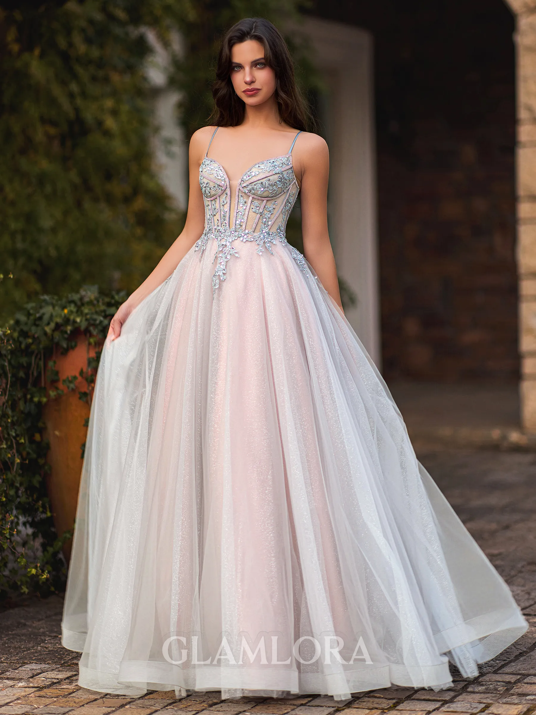 Unique A-Line Spaghetti Straps Appliques Lace Floor-Length Corset Prom Dress