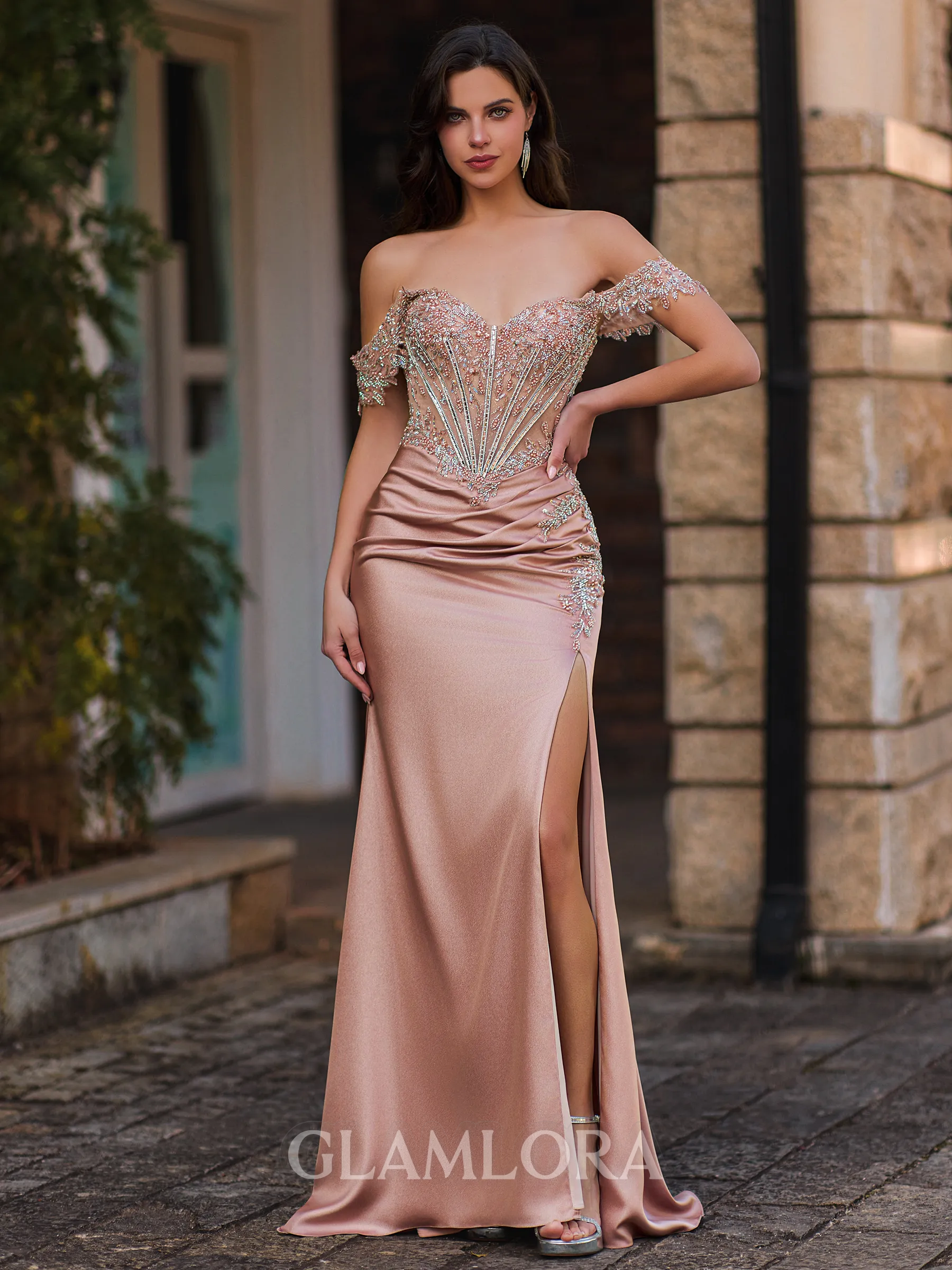 Delicate Sheath Off-the-Shoulder Beading Floor-Length Corset Prom Dress