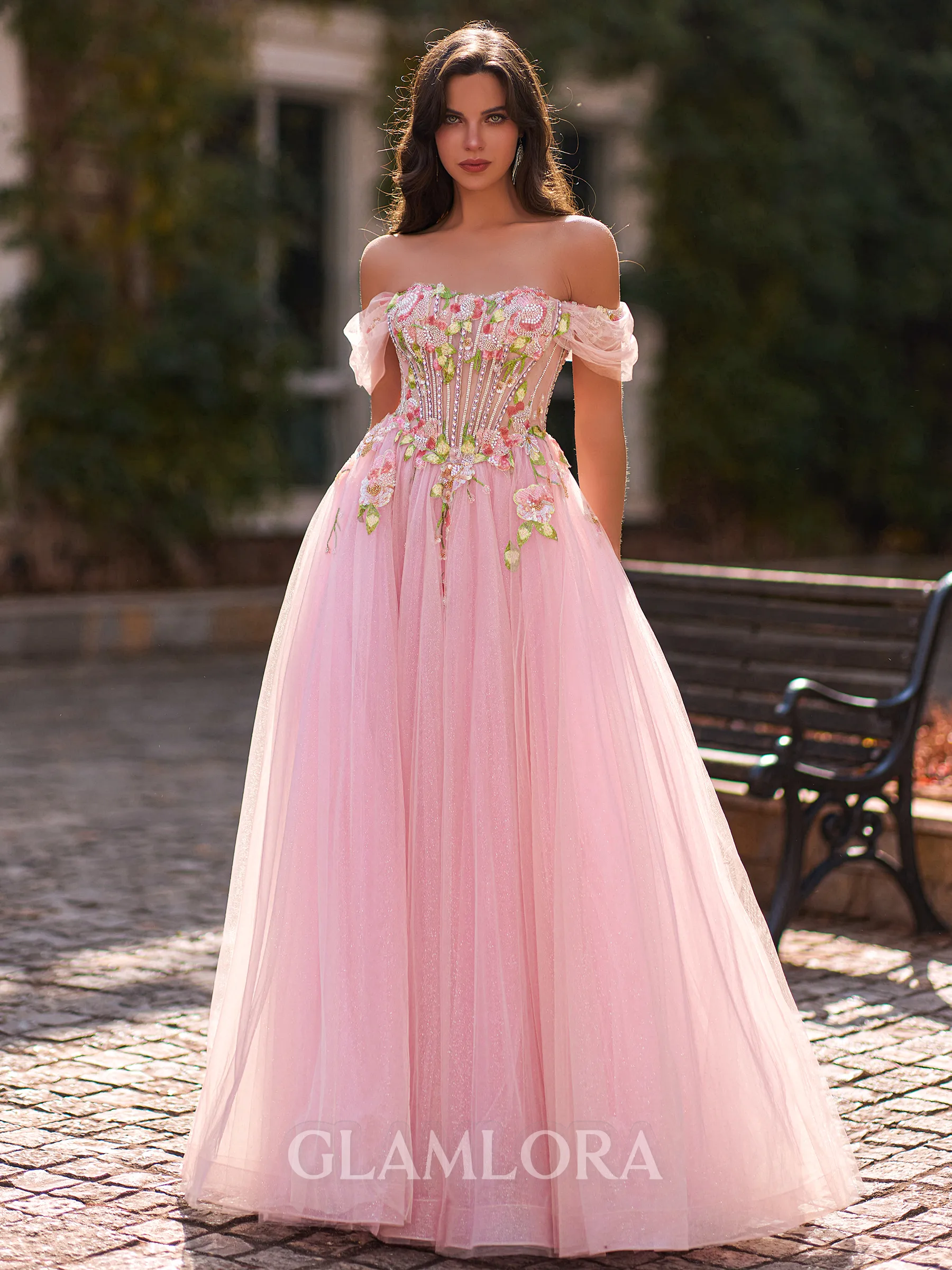 Graceful A-Line Off-the-Shoulder Appliques Lace Floor-Length Tulle Corset Prom Dress