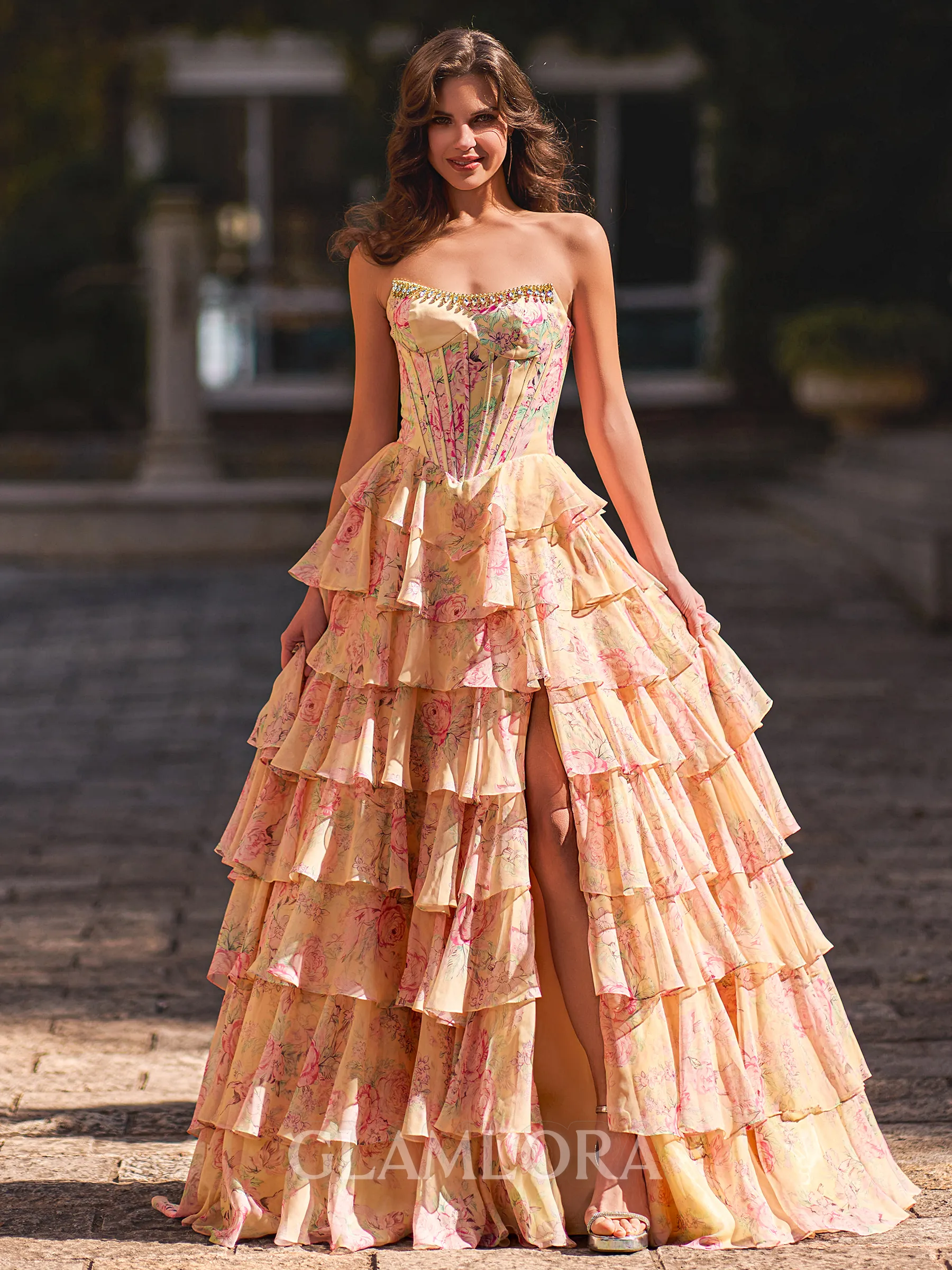 Gorgeous A-Line Straight Cascading Ruffles Sweep Train Corset Prom Dress