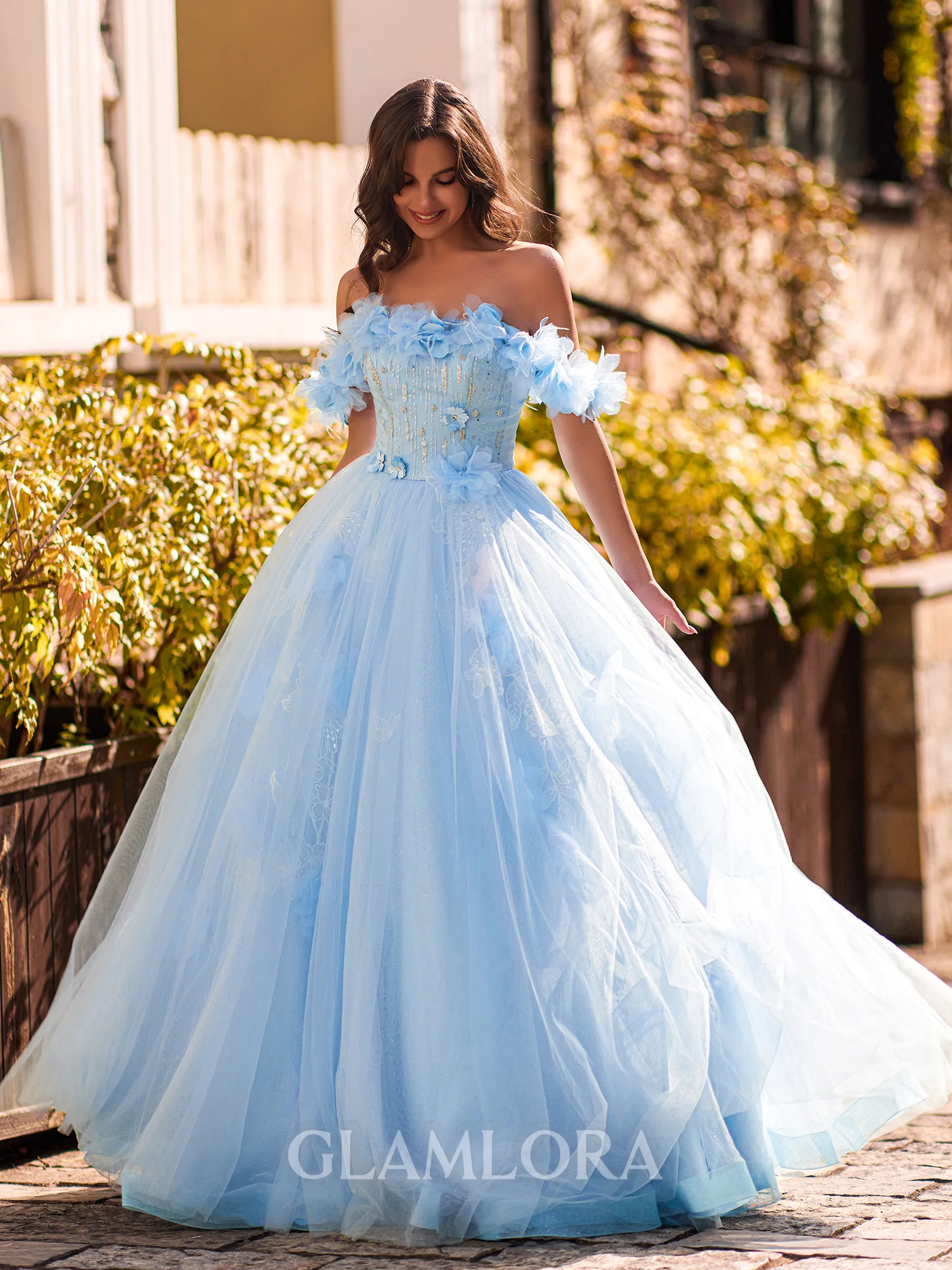 Striking Ball-Gown Off-the-Shoulder Flower Floor-Length Tulle Corset Prom Dress