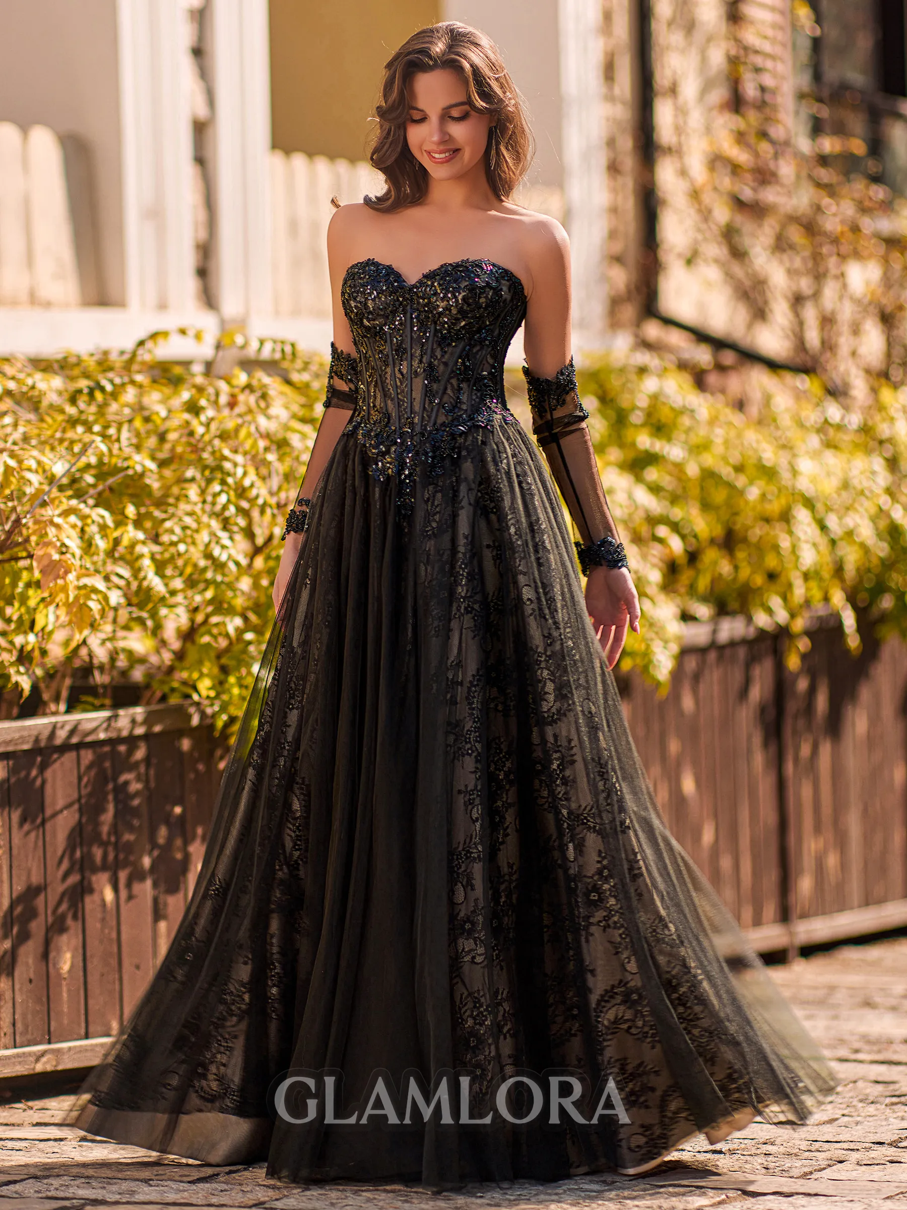 Aristocratic A-Line Sweetheart Long Sleeves Appliques Lace Floor-Length Tulle Corset Prom Dress