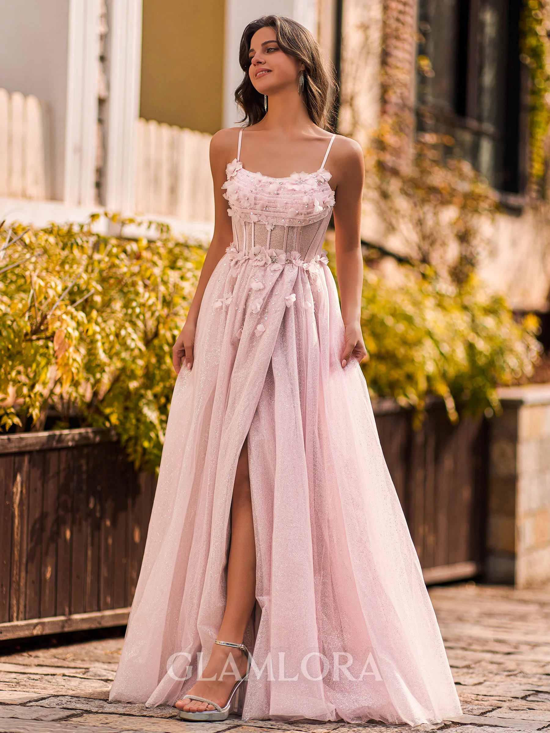 Magnificent A-Line Spaghetti Straps Flower Floor-Length Tulle Corset Prom Dress