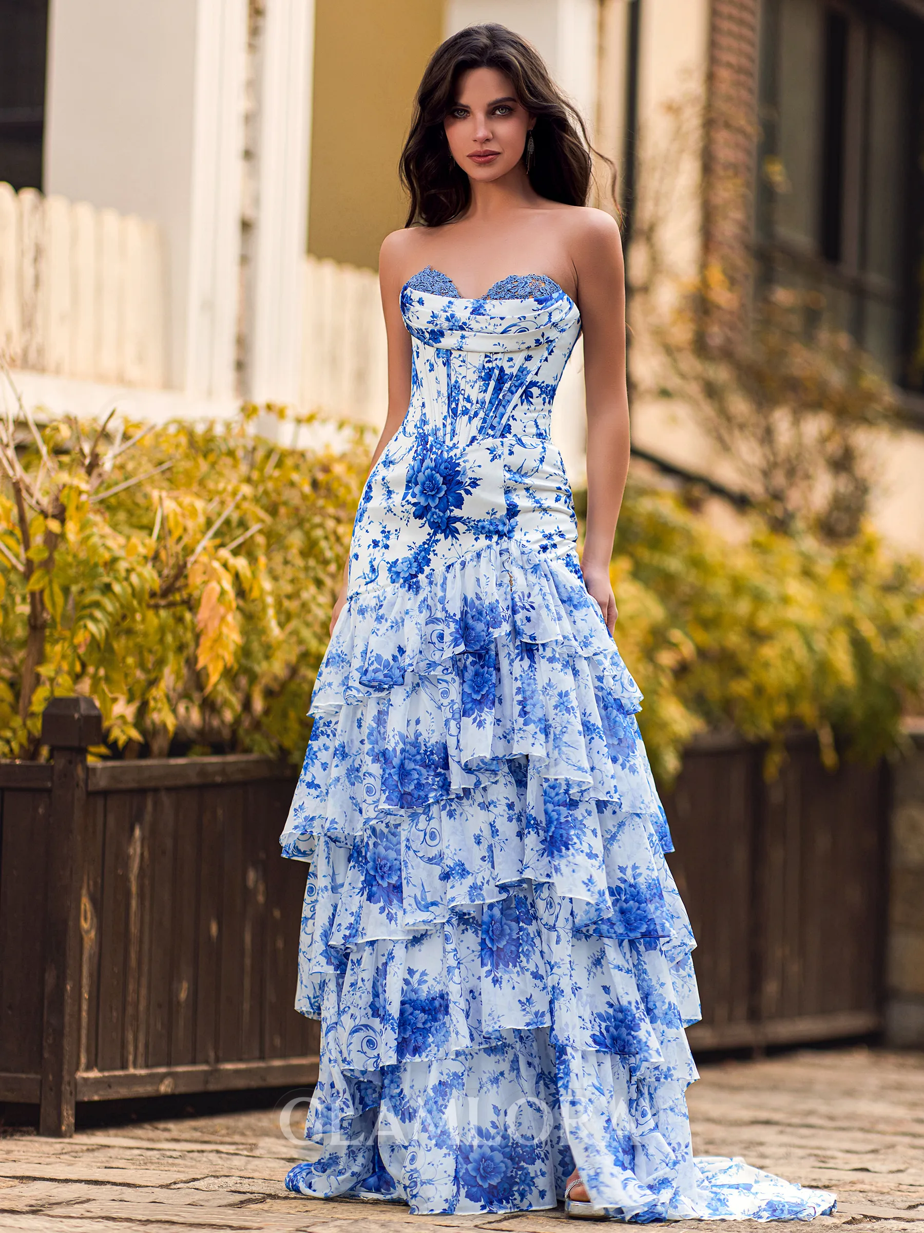 Splendiferous Sheath Sweetheart Cascading Ruffles Sweep Train Corset Prom Dress