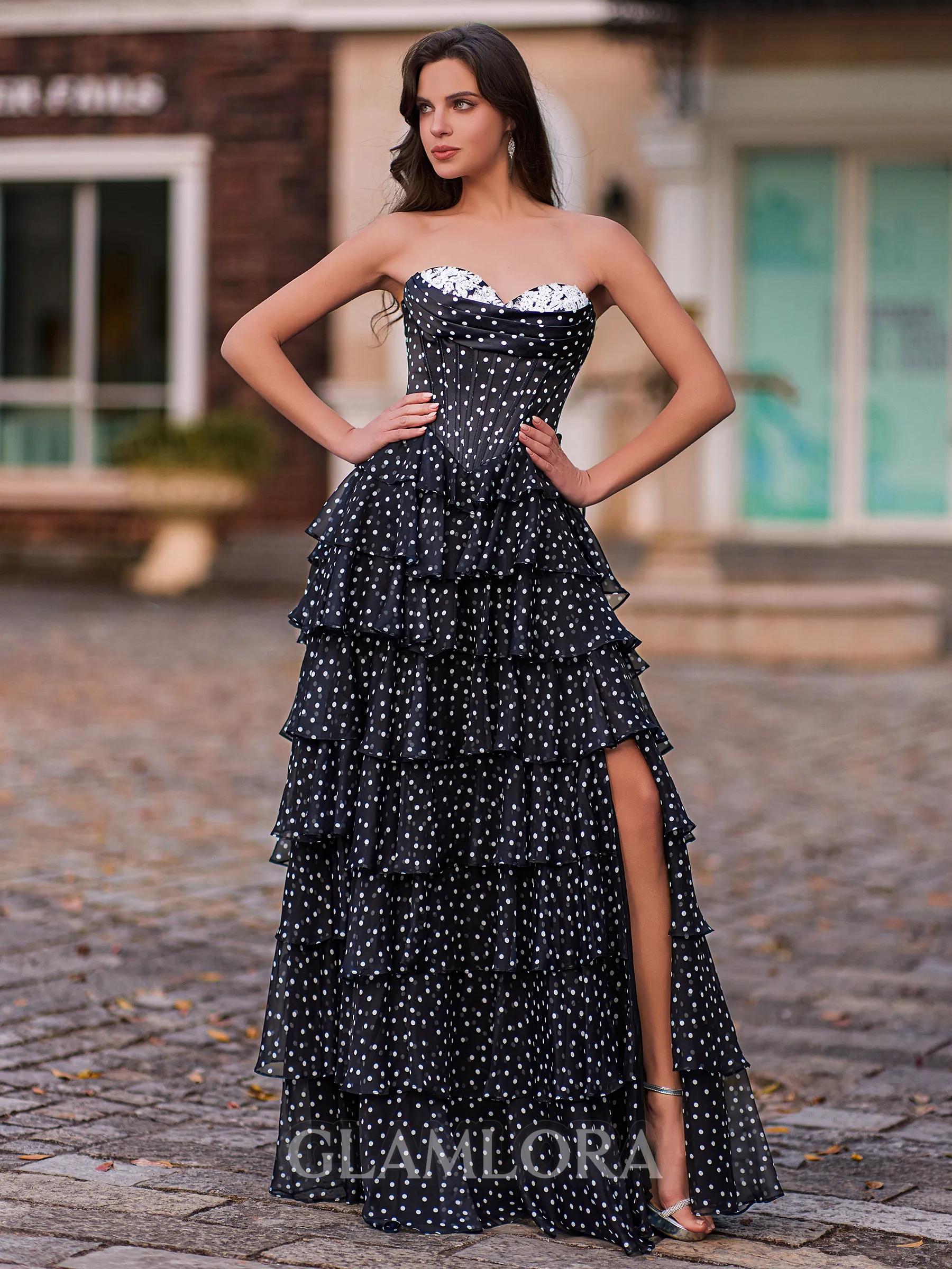 Glamorous A-Line Sweetheart Cascading Ruffles Floor-Length Corset Prom Dress