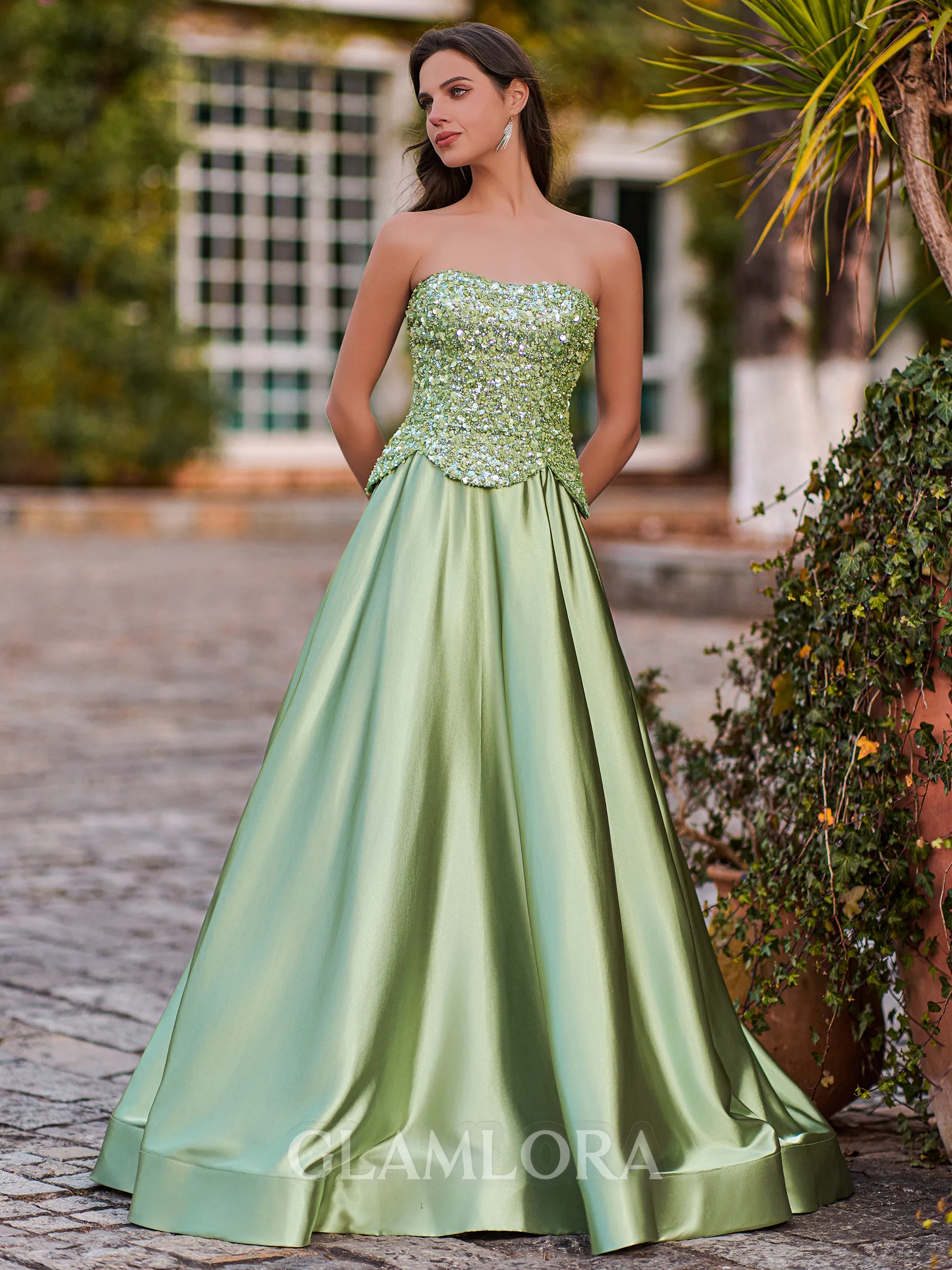 Perfect A-Line Straight Sequin Floor-Length Silk Like Satin Corset Prom Dress