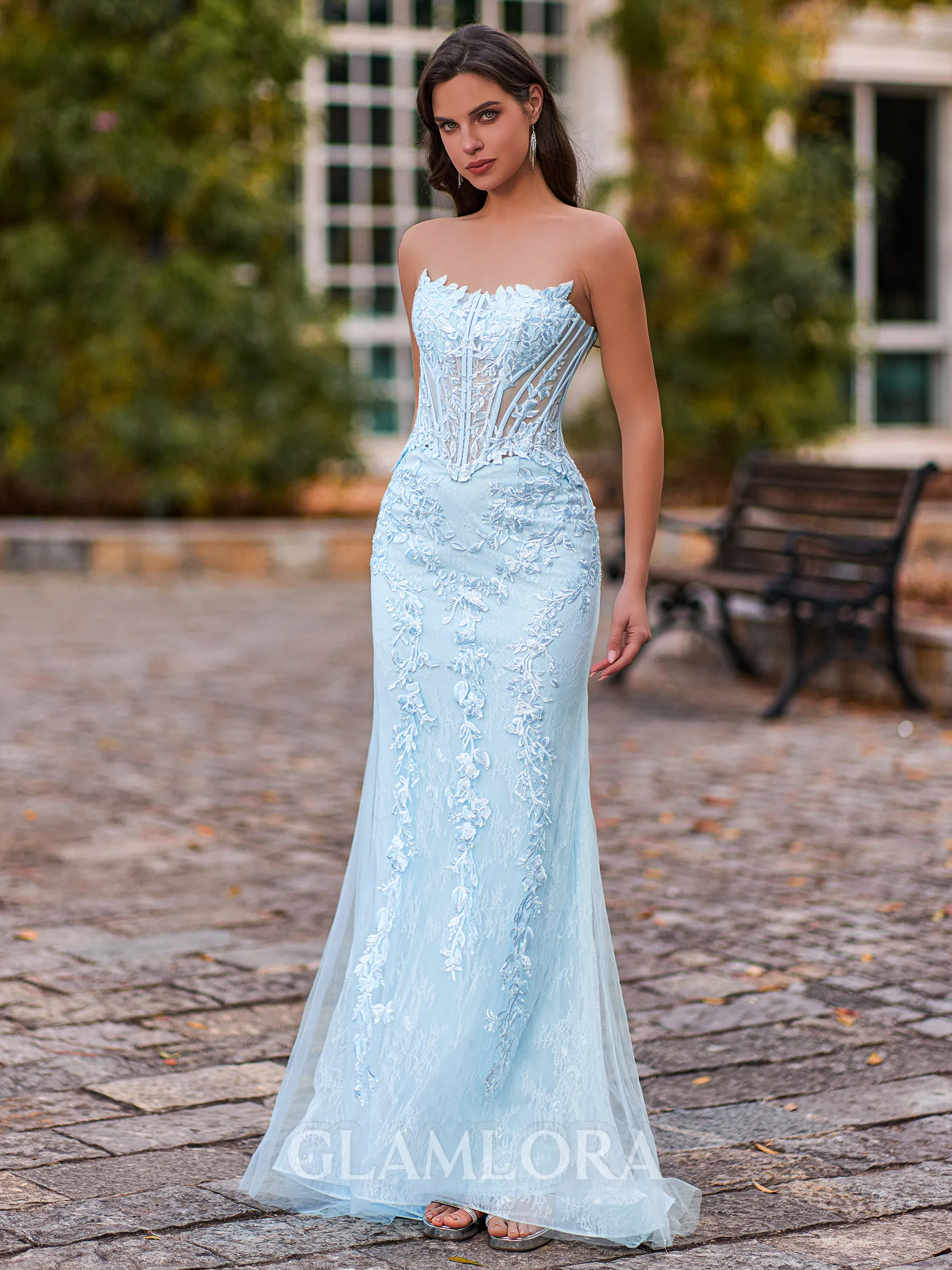 Trendy Sheath Straight Appliques Lace Sweep Train Tulle Corset Prom Dress