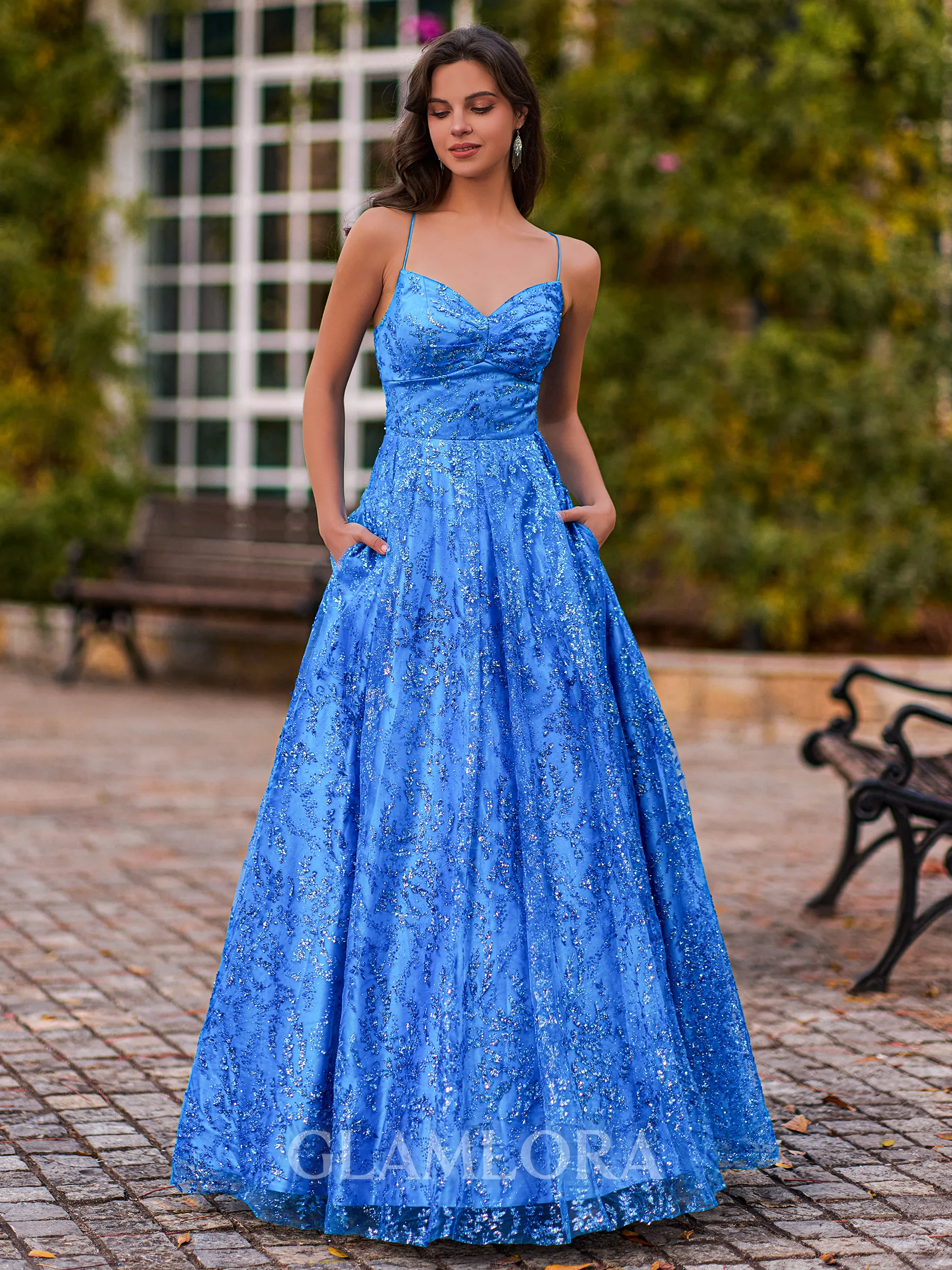 Fashion A-Line Spaghetti Straps Pleated Floor-Length Lace Corset Prom Dress