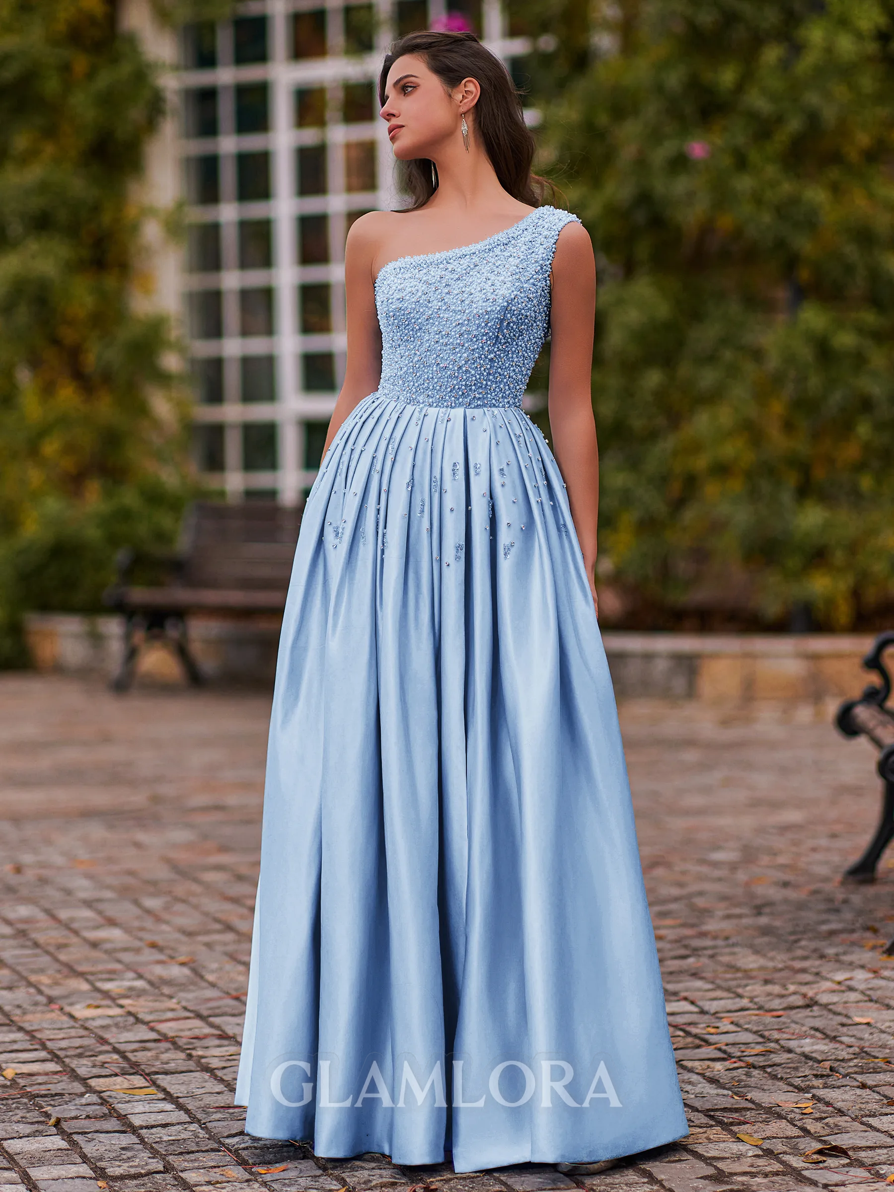 Pretty A-Line One-Shoulder Beading Floor-Length Charmeuse Corset Prom Dress
