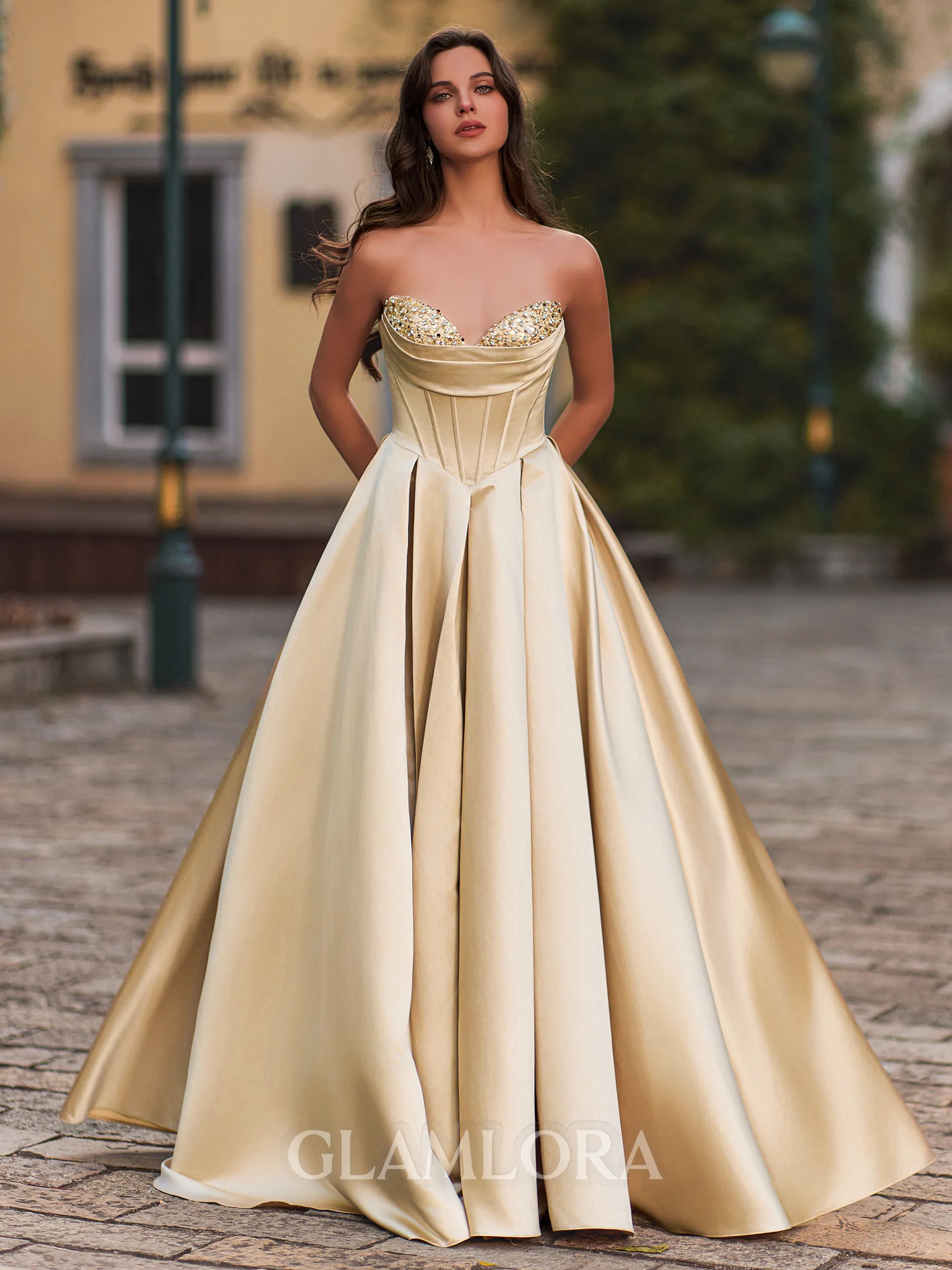 Opulent A-Line Sweetheart Sequin Floor-Length Satin Corset Prom Dress