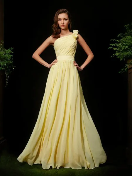 A-line One-Shoulder Sleeveless Glam Floor-Length Chiffon Bridesmaid Dress With Hand-Made Flower