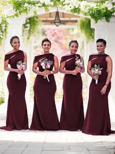 Sheath/Column Scoop Sleeveless Sweep Train Stretch Crepe Empowering Bridesmaid Dress