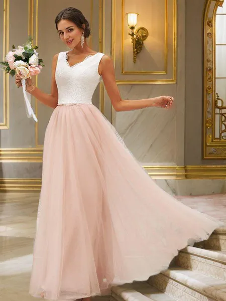 A-line V-Neck Sleeveless...