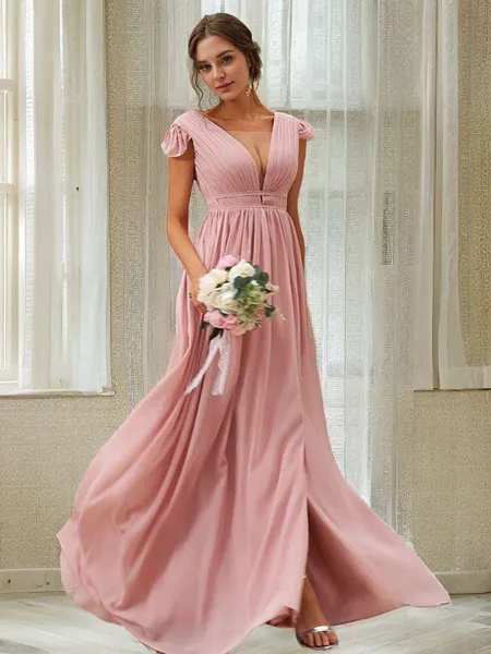 A-line V-Neck Sleeveless...