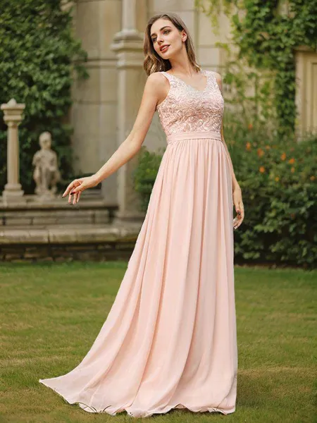 A-line V-Neck Sleeveless...