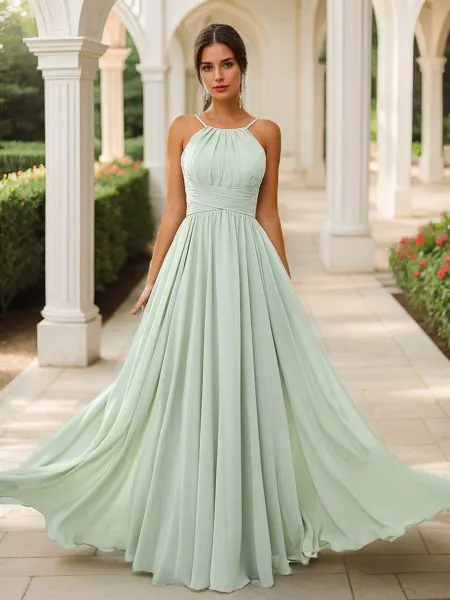 A-line Chic Halter Floor-Length Chiffon Bridesmaid Dress With Pleated