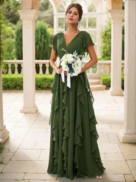 A-line Charming V-neck Short Sleeves Floor-Length Chiffon Bridesmaid Dress With Ruffles