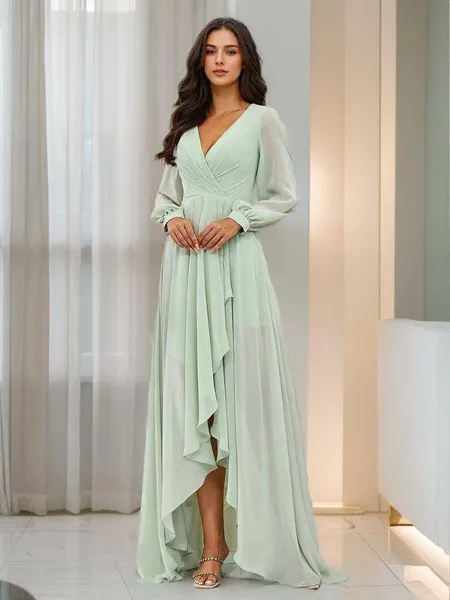 A-line Timeless V-neck Long Sleeves Asymmetrical Chiffon Bridesmaid Dress With Pleated