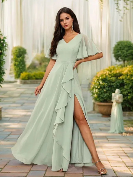 Chic A-line V-neck Short Sleeves Floor-Length Chiffon Bridesmaid Dress With Slit