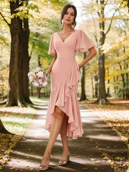 Sheath/Column Modern V-neck Short Sleeves Asymmetrical Chiffon Bridesmaid Dress With Ruffles