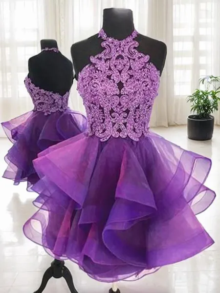 A-line Halter Sleeveless Dreamy Tulle Short/Mini Homecoming Dress With Sequins