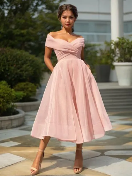 Chic A-line Off-the-Shoulder Sleeveless Organza Tea-Length Homecoming Dress