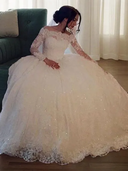 Ball-Gown Gorgeous Bateau Long Sleeves Floor-Length Lace Wedding Dress